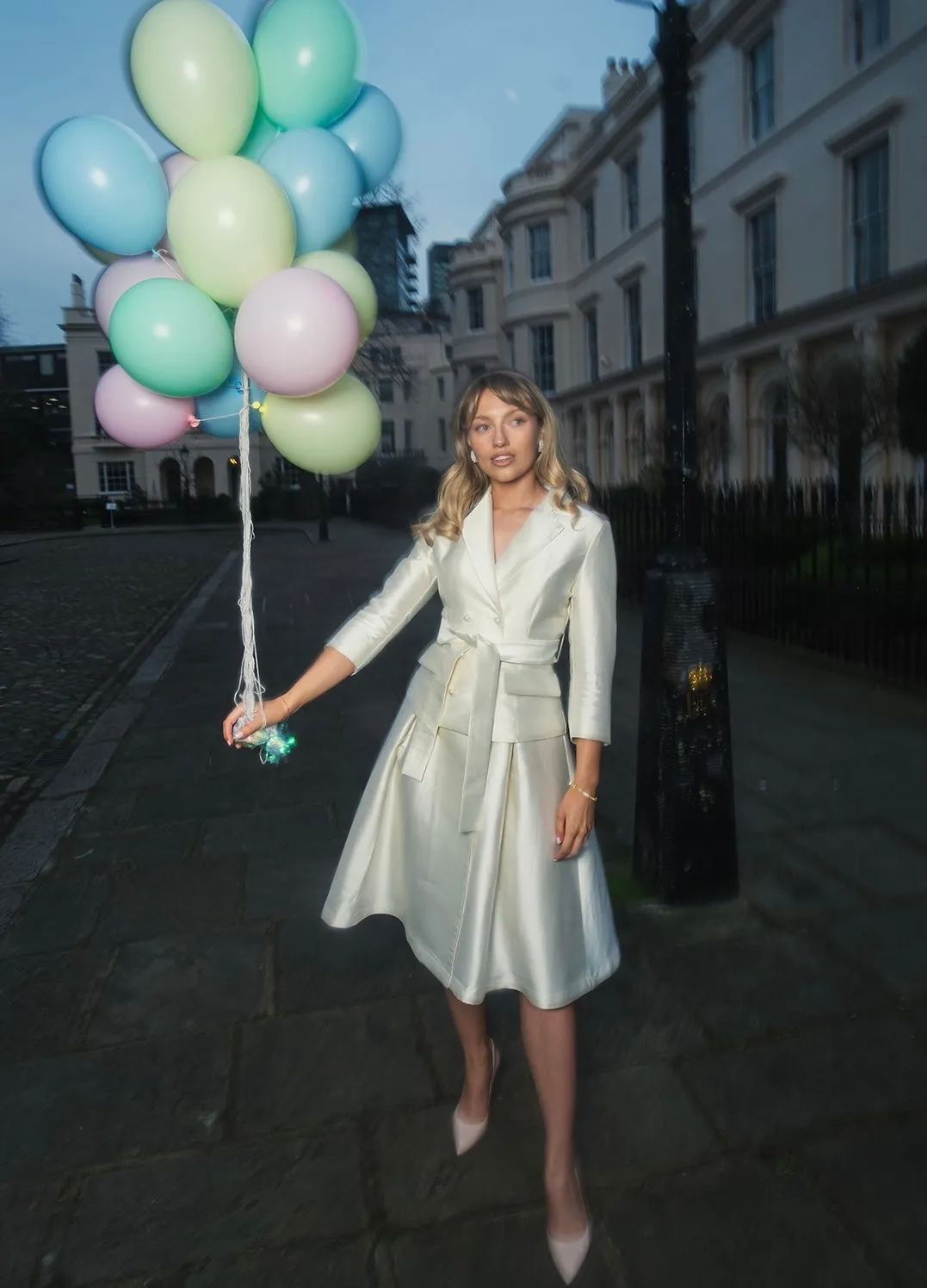 'Audrey' Silk and Wool Dress Coat in Bianco