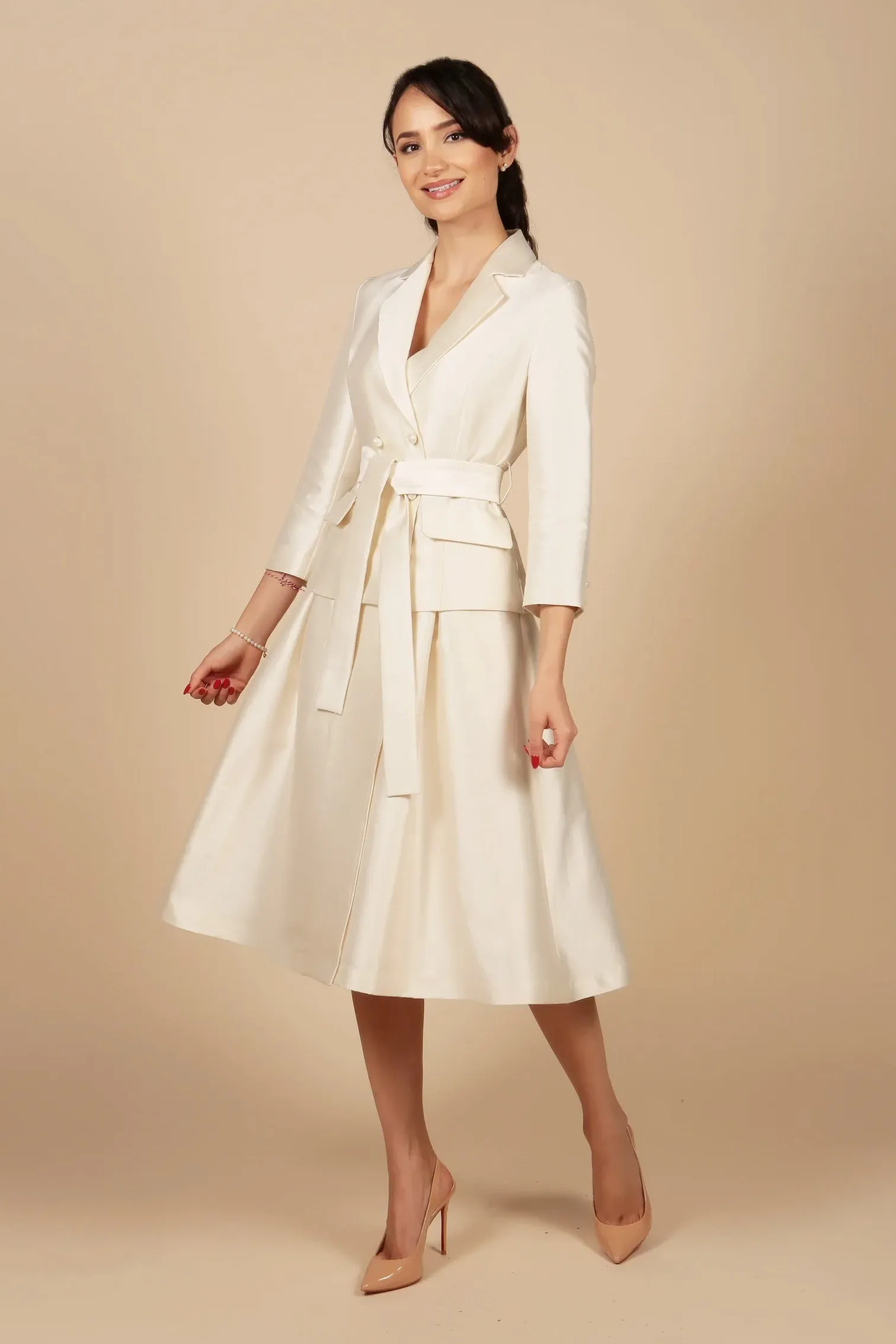 'Audrey' Silk and Wool Dress Coat in Bianco