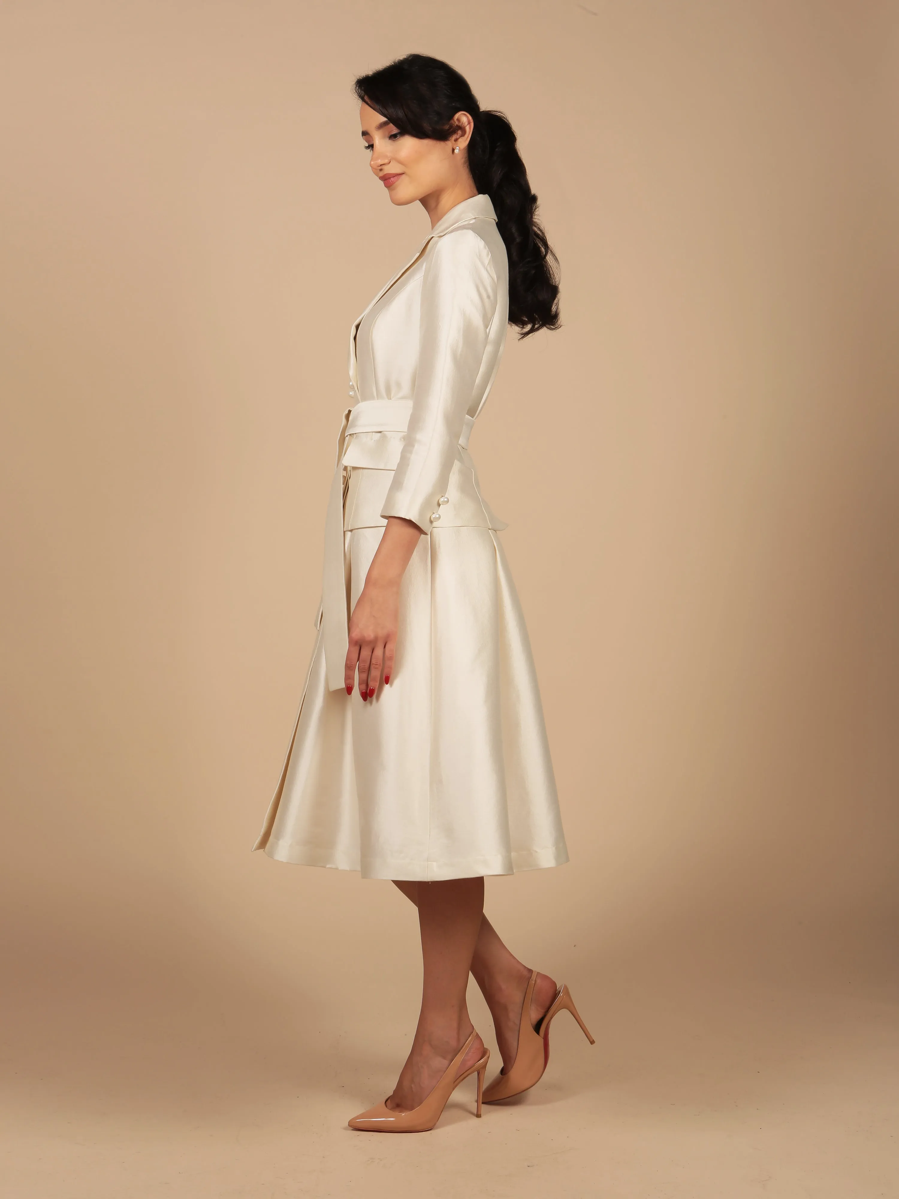 'Audrey' Silk and Wool Dress Coat in Bianco