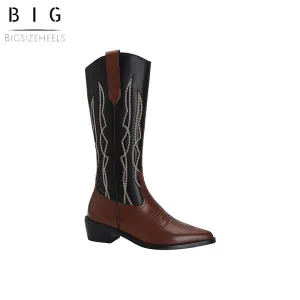 Bigsizeheels Cowhide pointed toe embroidery retro boots - brown