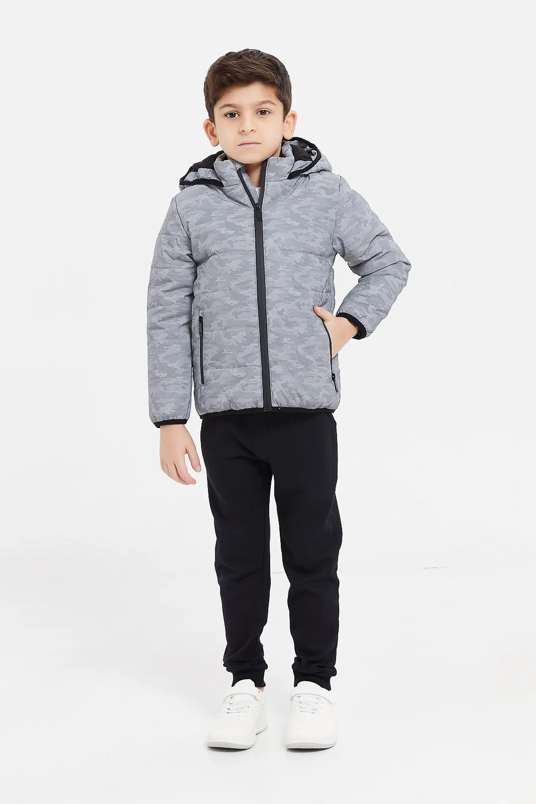 Boys Grey Reflective Puffer Hooded Jacket