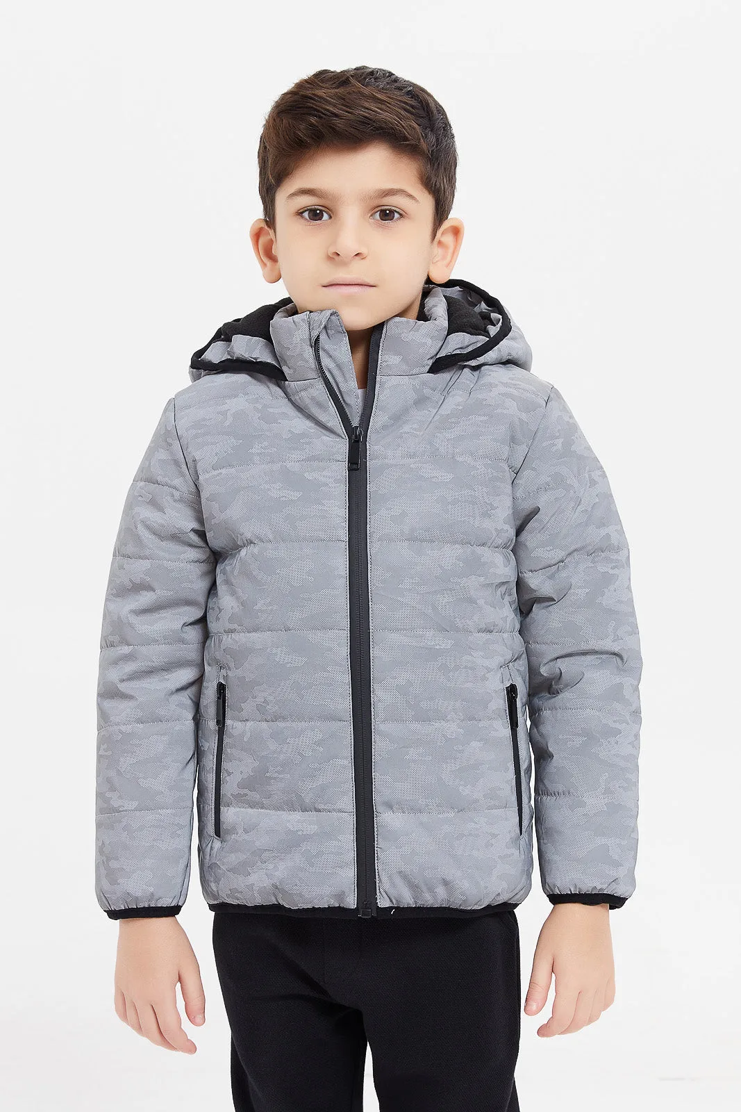 Boys Grey Reflective Puffer Hooded Jacket