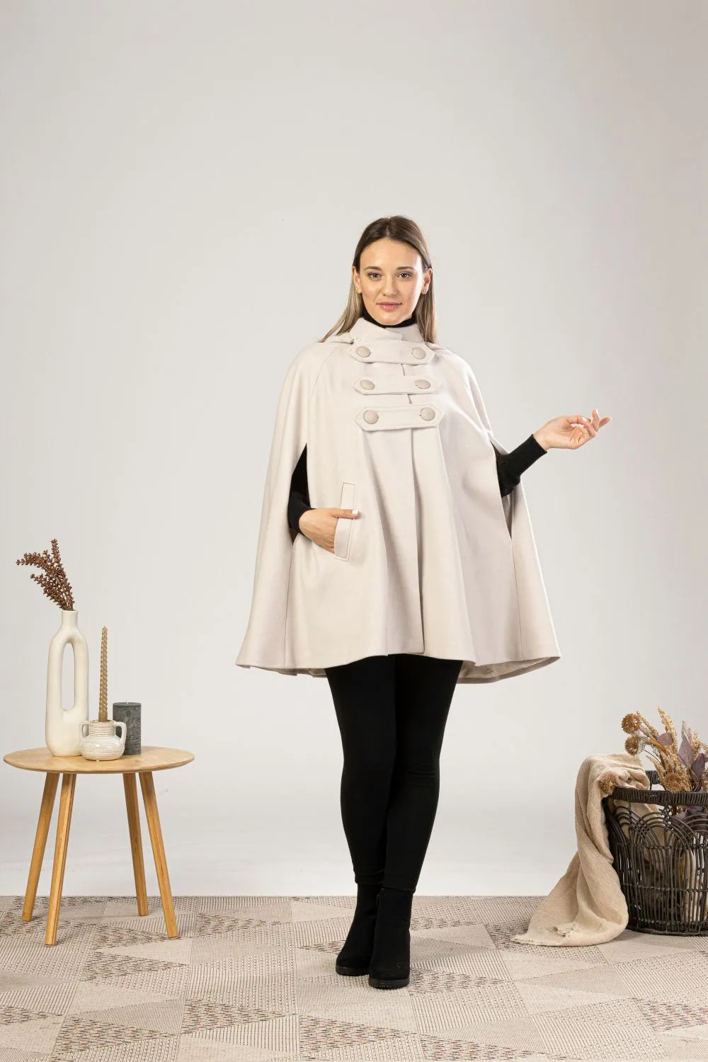 Brown Hooded Wool Cape Coat