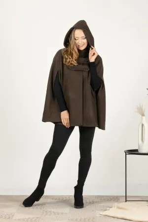 Brown Hooded Wool Cape Coat