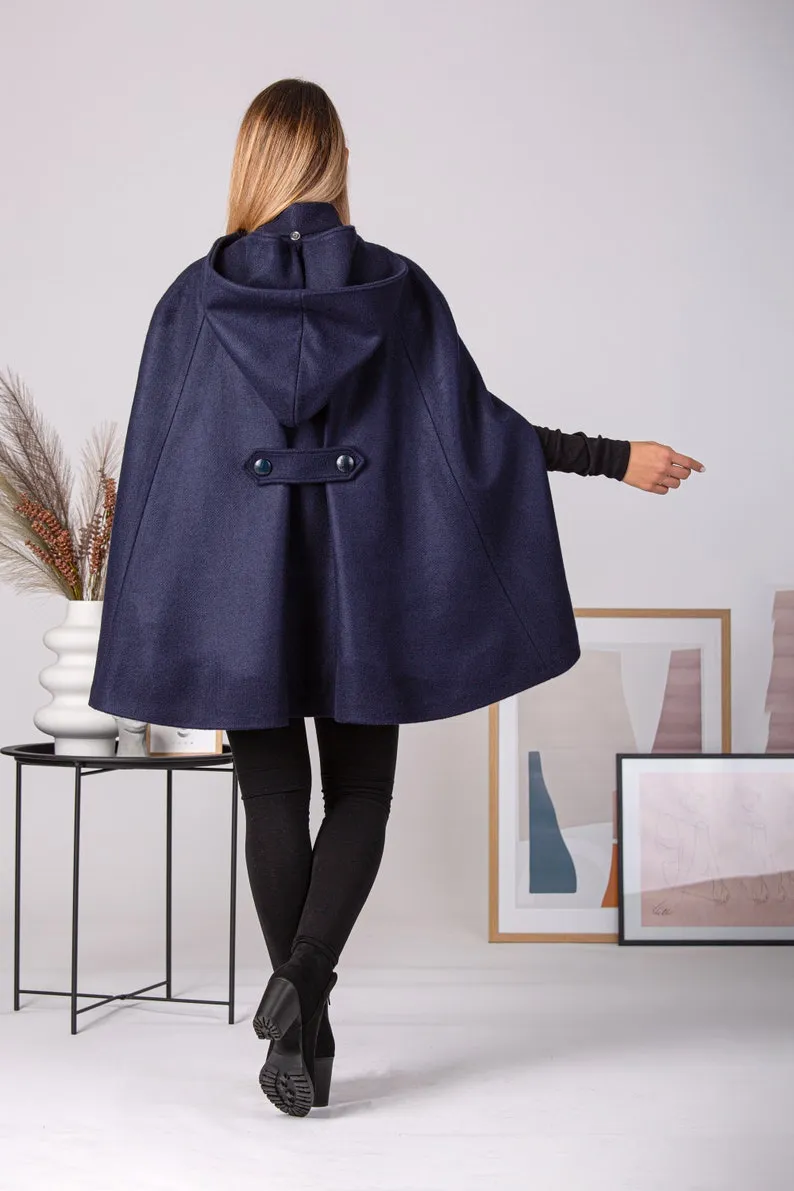 Brown Hooded Wool Cape Coat