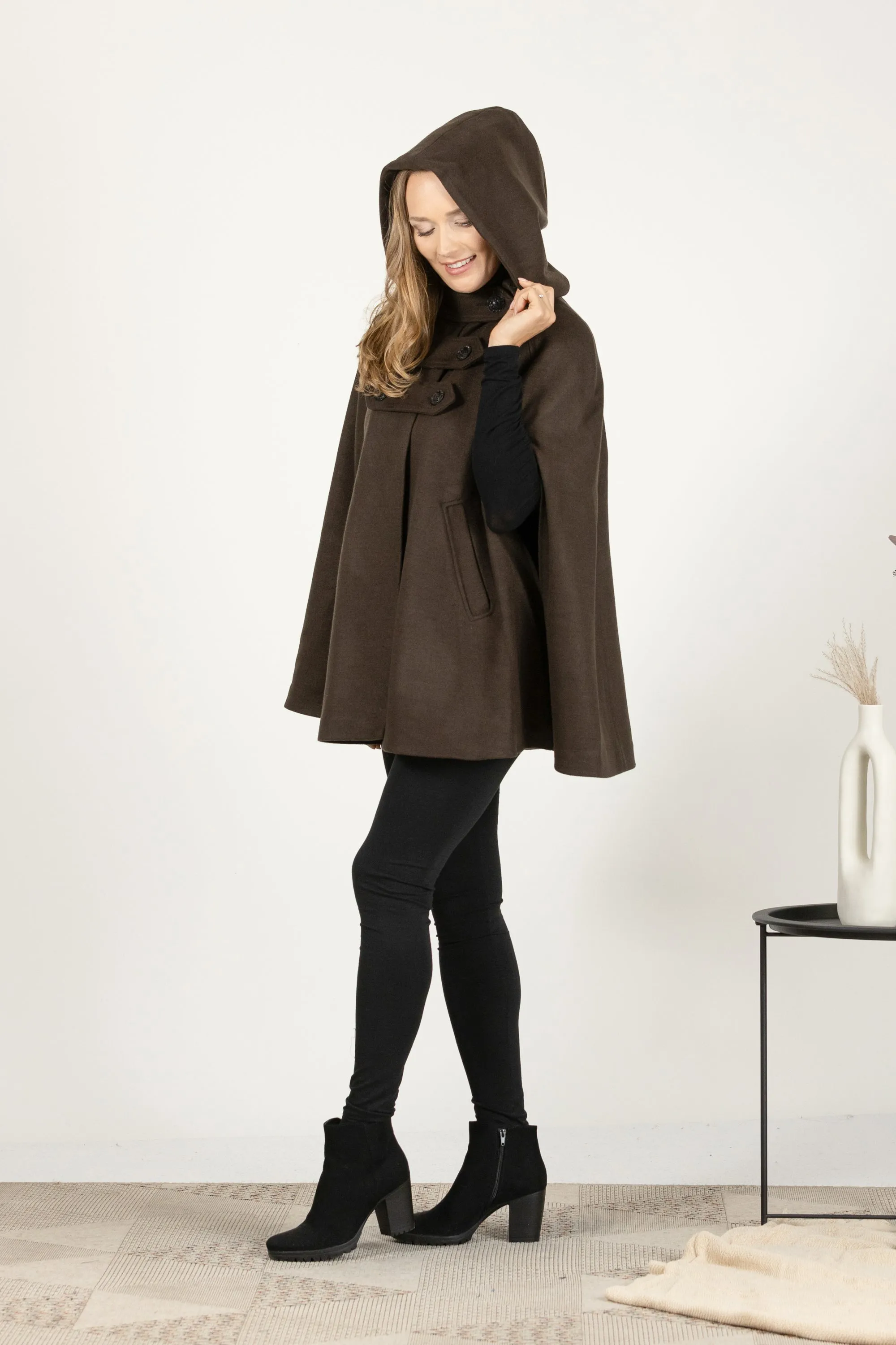 Brown Hooded Wool Cape Coat