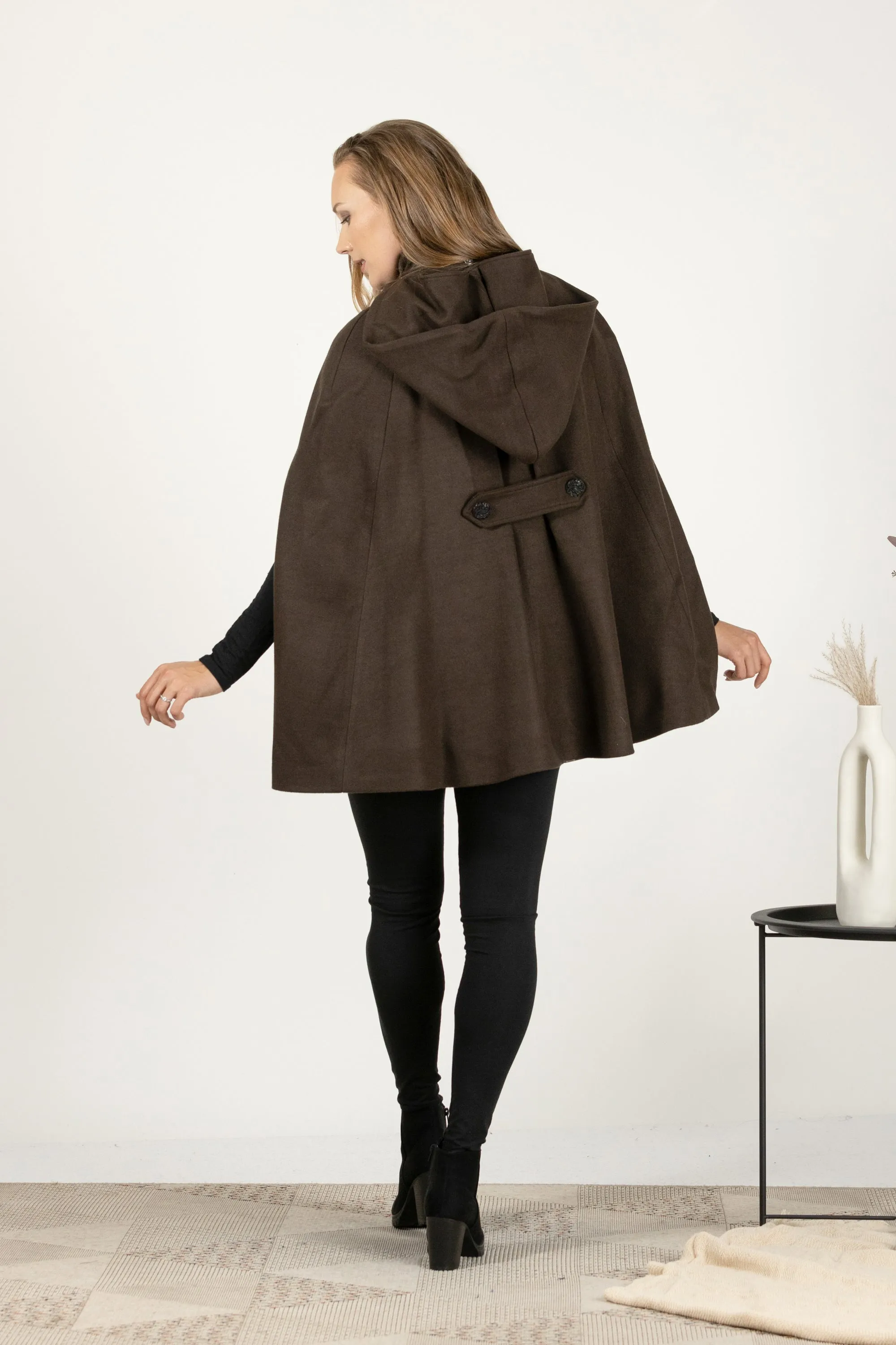 Brown Hooded Wool Cape Coat