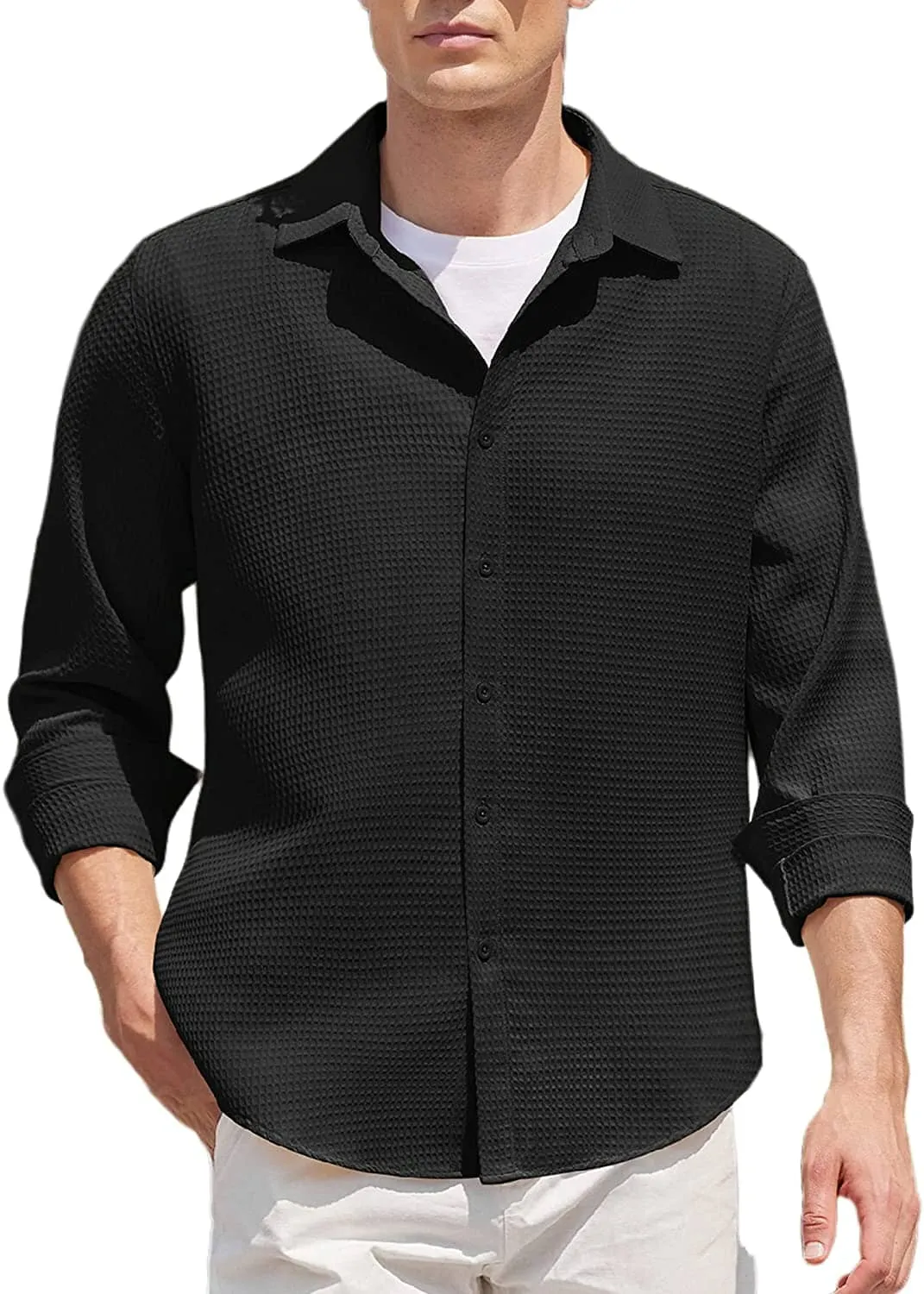 Casual Waffle Button Down Wrinkle Free Shirt (US Only)