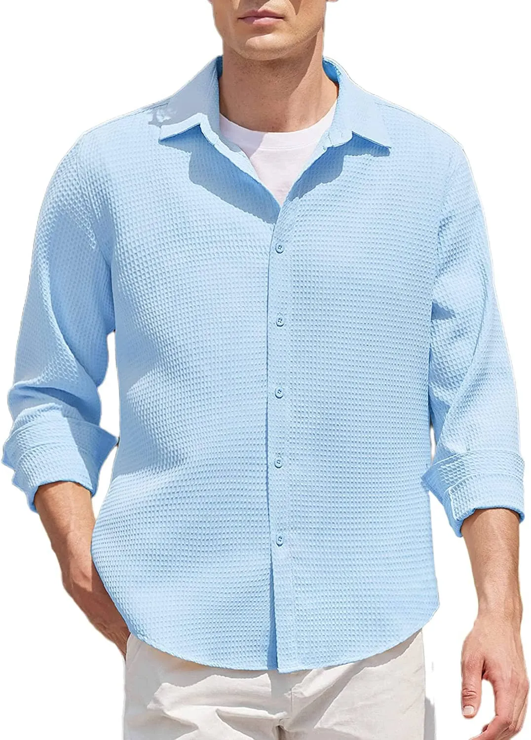 Casual Waffle Button Down Wrinkle Free Shirt (US Only)