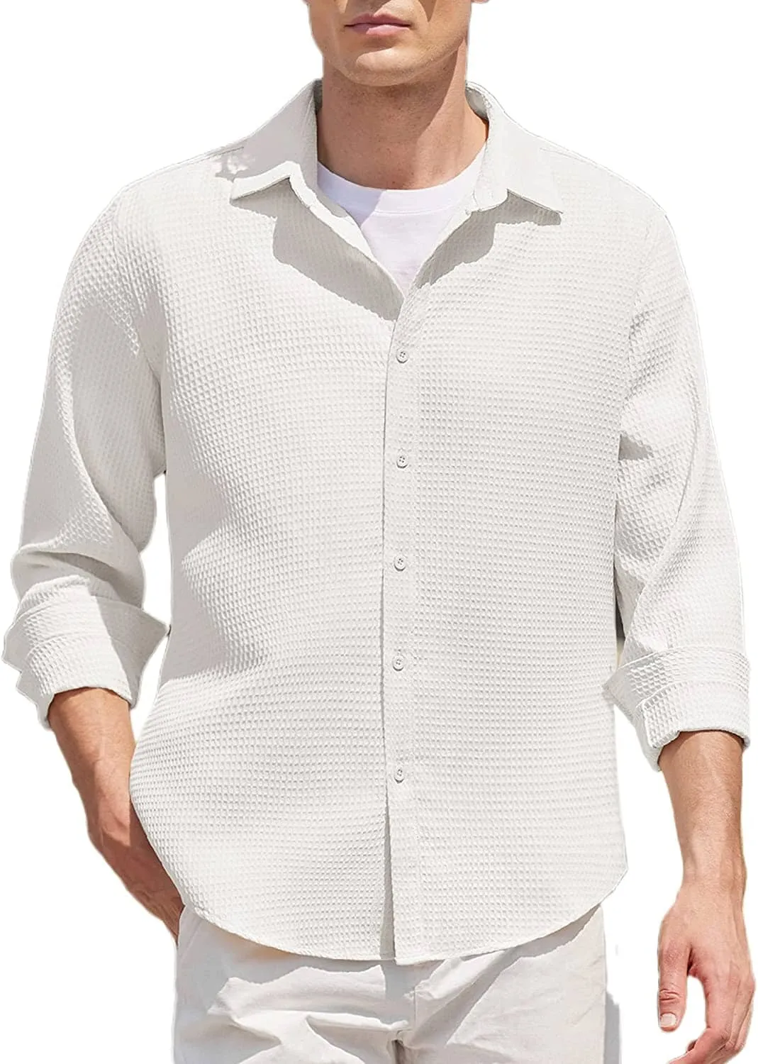 Casual Waffle Button Down Wrinkle Free Shirt (US Only)