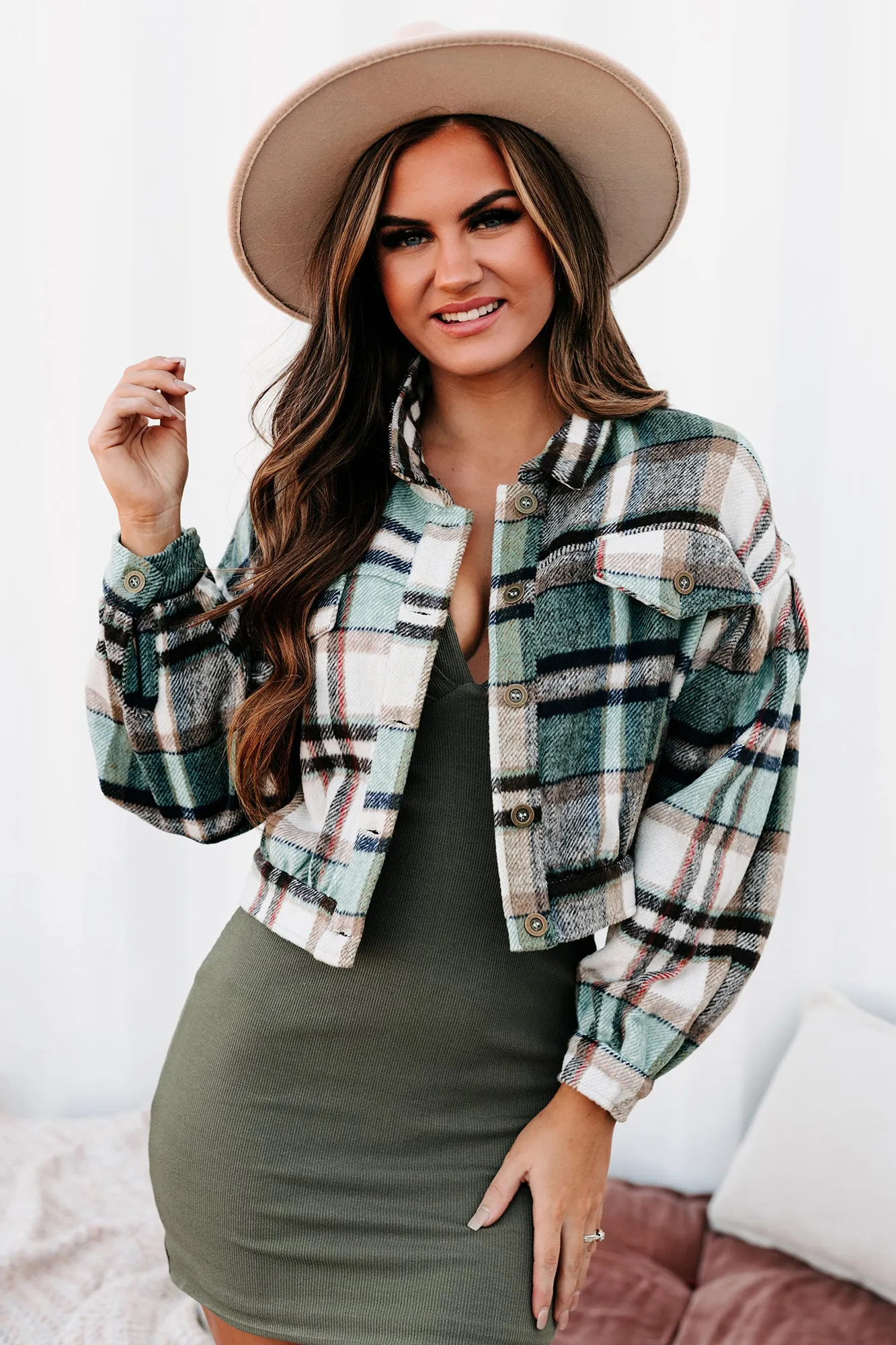 Central Park Scene Cropped Plaid Jacket (Green)