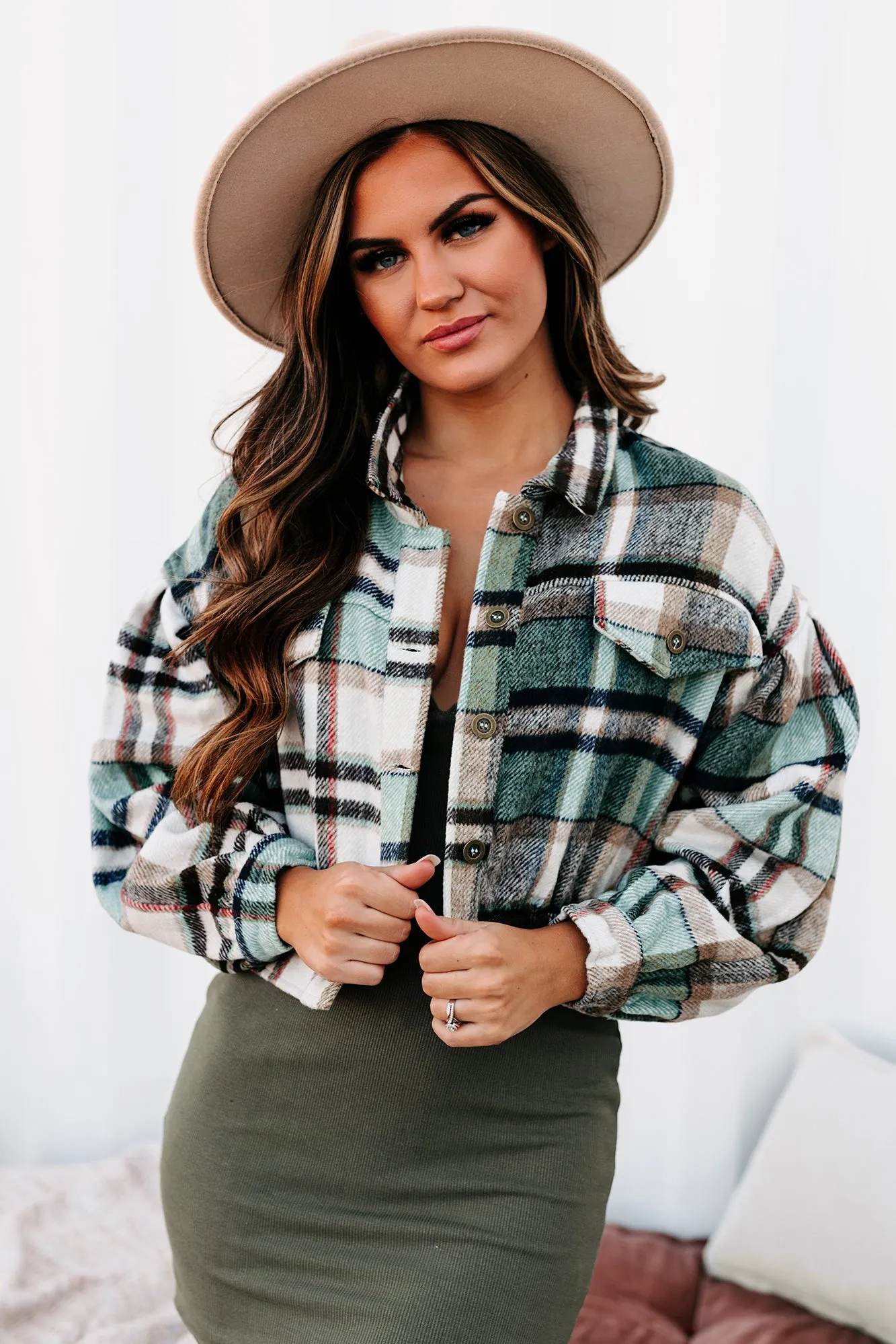 Central Park Scene Cropped Plaid Jacket (Green)