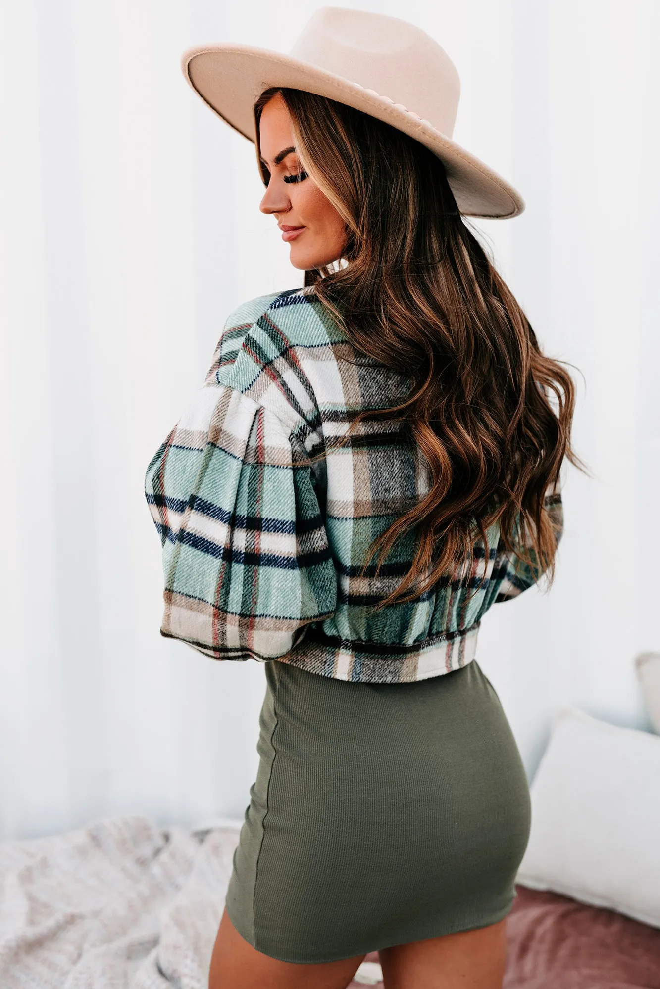 Central Park Scene Cropped Plaid Jacket (Green)