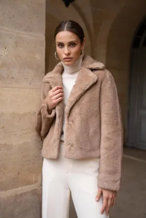 Cropped Jacket Synthetic Fur with Lapel Collar Camel