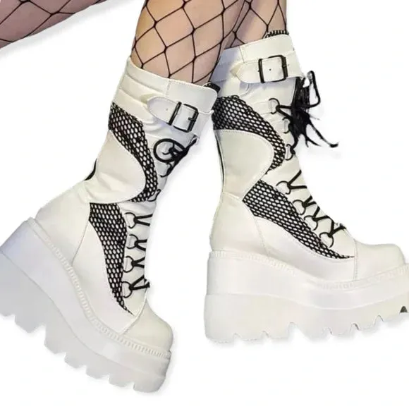 Edgy Tall White Black Mesh Platform Boots