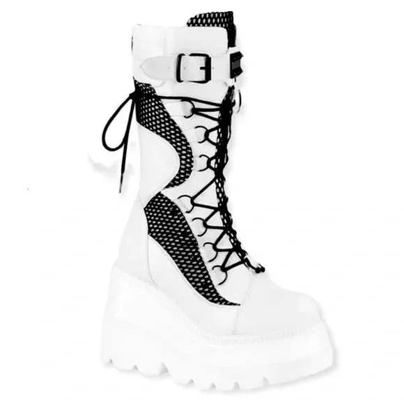 Edgy Tall White Black Mesh Platform Boots