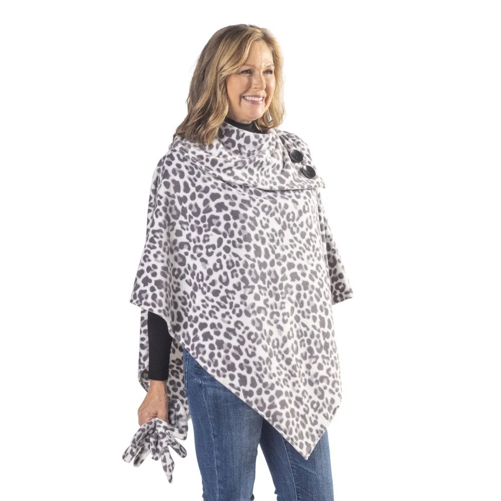 Elisa Snow Leopard Coat Fleece Poncho and Gloves Set