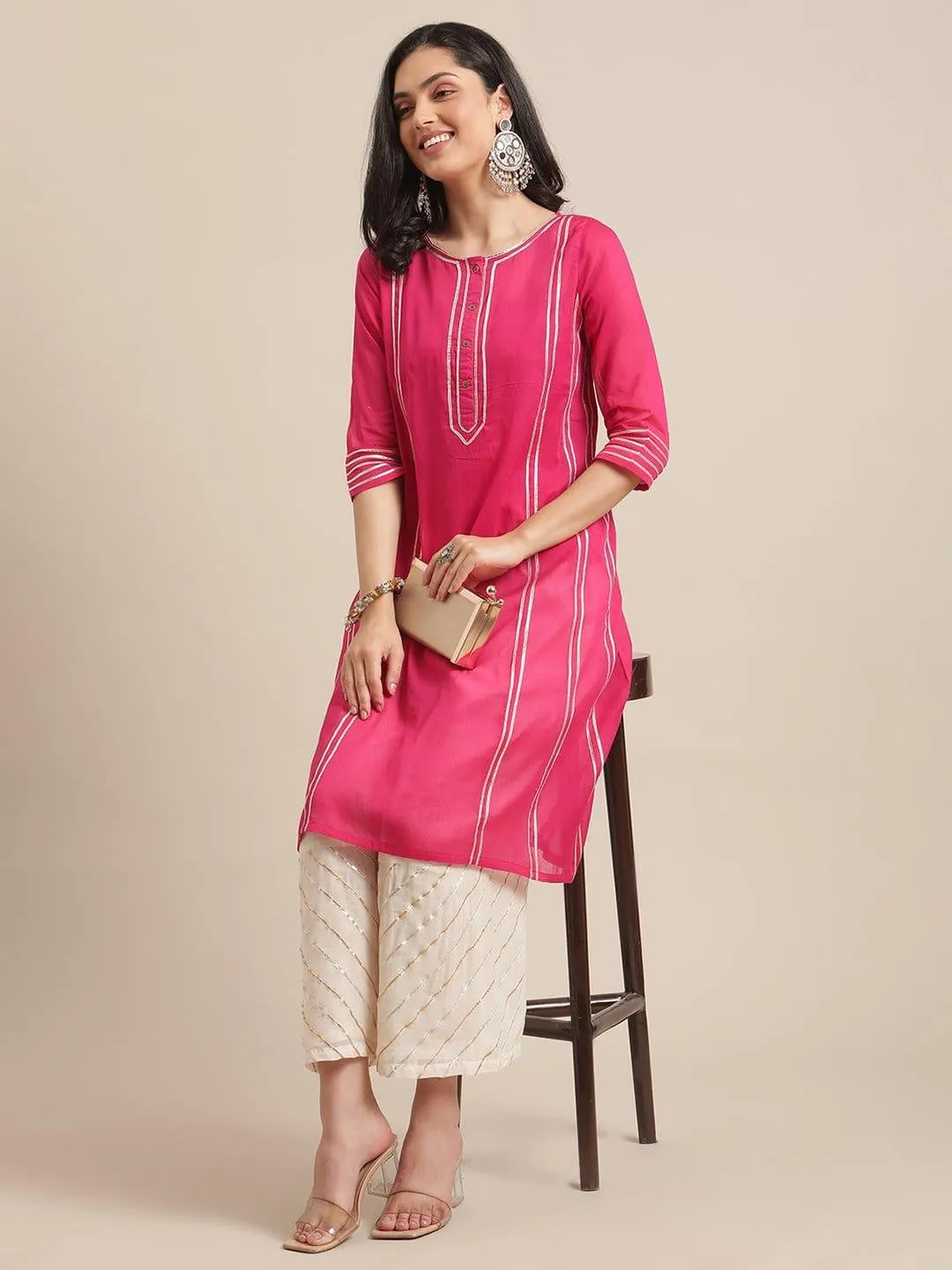 Fuchsia Gota Embellished Kurta With Off White Gota Embellished Palazzo