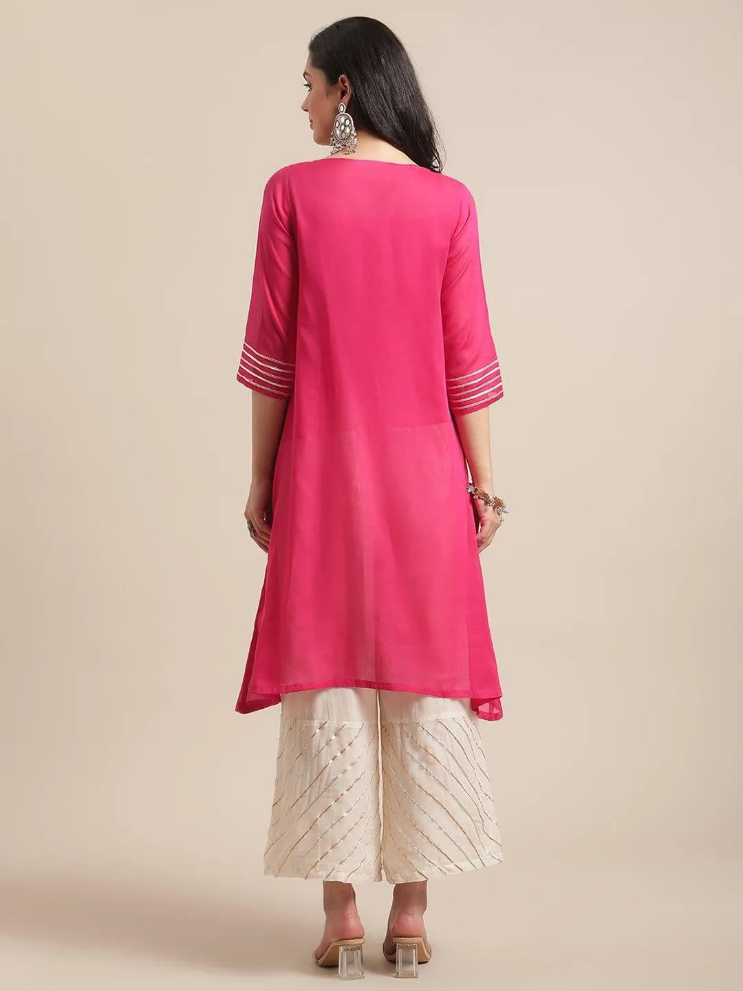 Fuchsia Gota Embellished Kurta With Off White Gota Embellished Palazzo