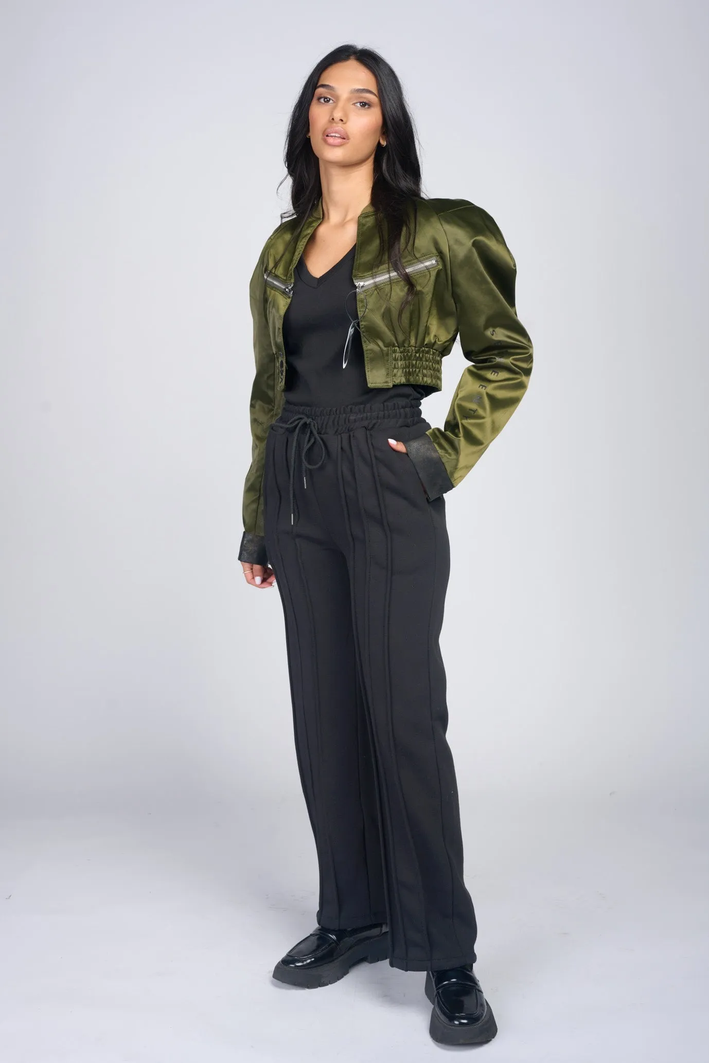 Green cropped satin bomber jacket | CROP SATIN BOMBER JACKET