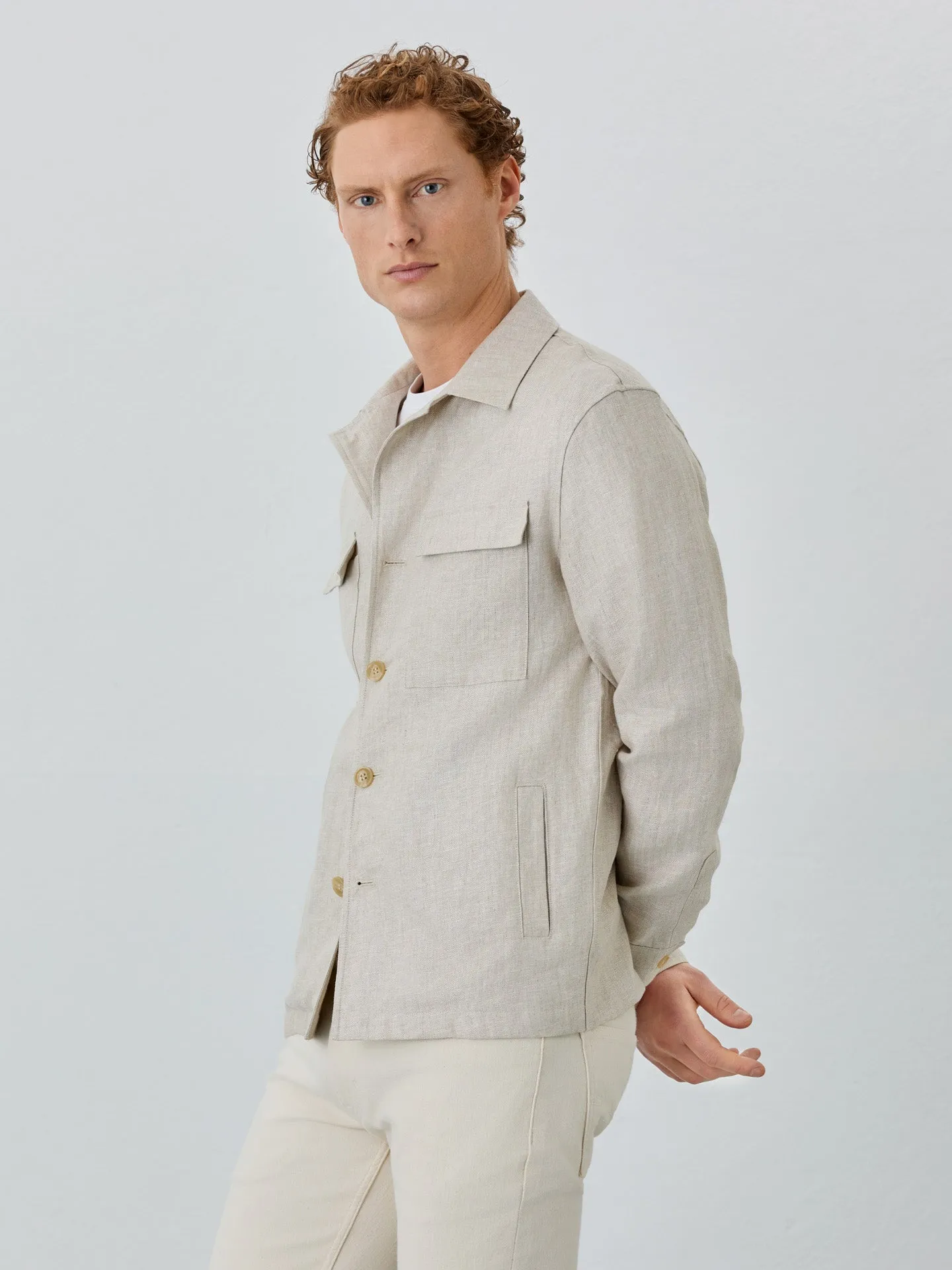 Herringbone Overshirt With Patch Pockets In Linen