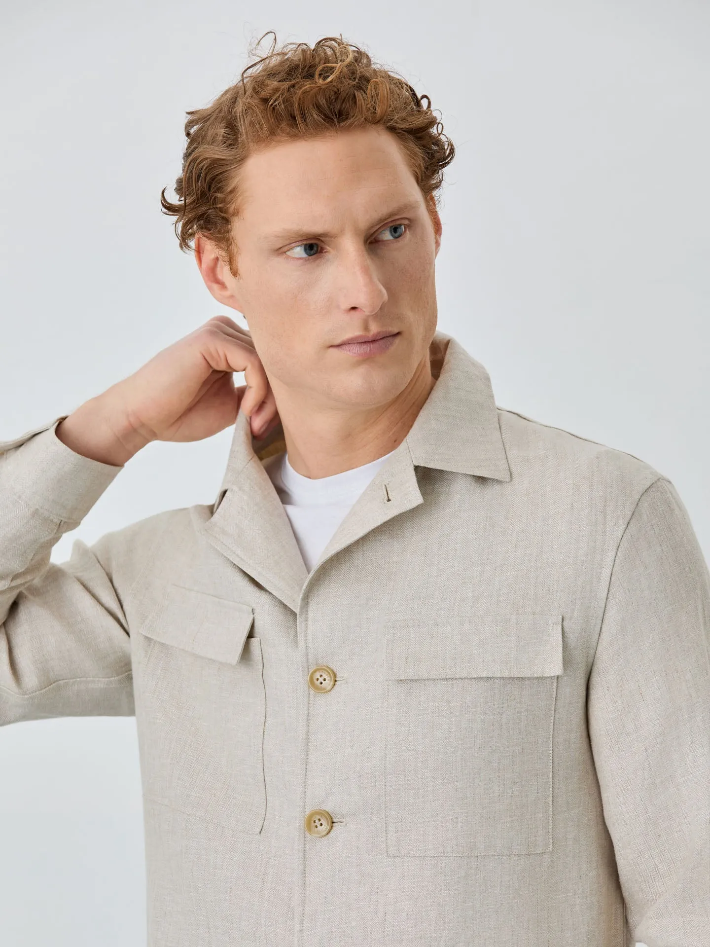 Herringbone Overshirt With Patch Pockets In Linen