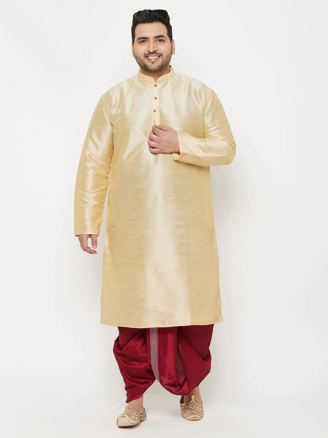 Jashvi Men's Plus Size Gold Silk Blend Kurta And Maroon Dhoti Set