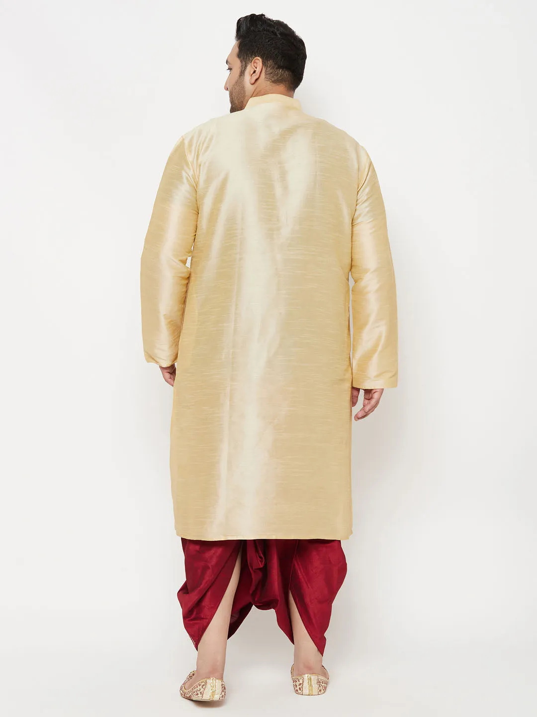 Jashvi Men's Plus Size Gold Silk Blend Kurta And Maroon Dhoti Set