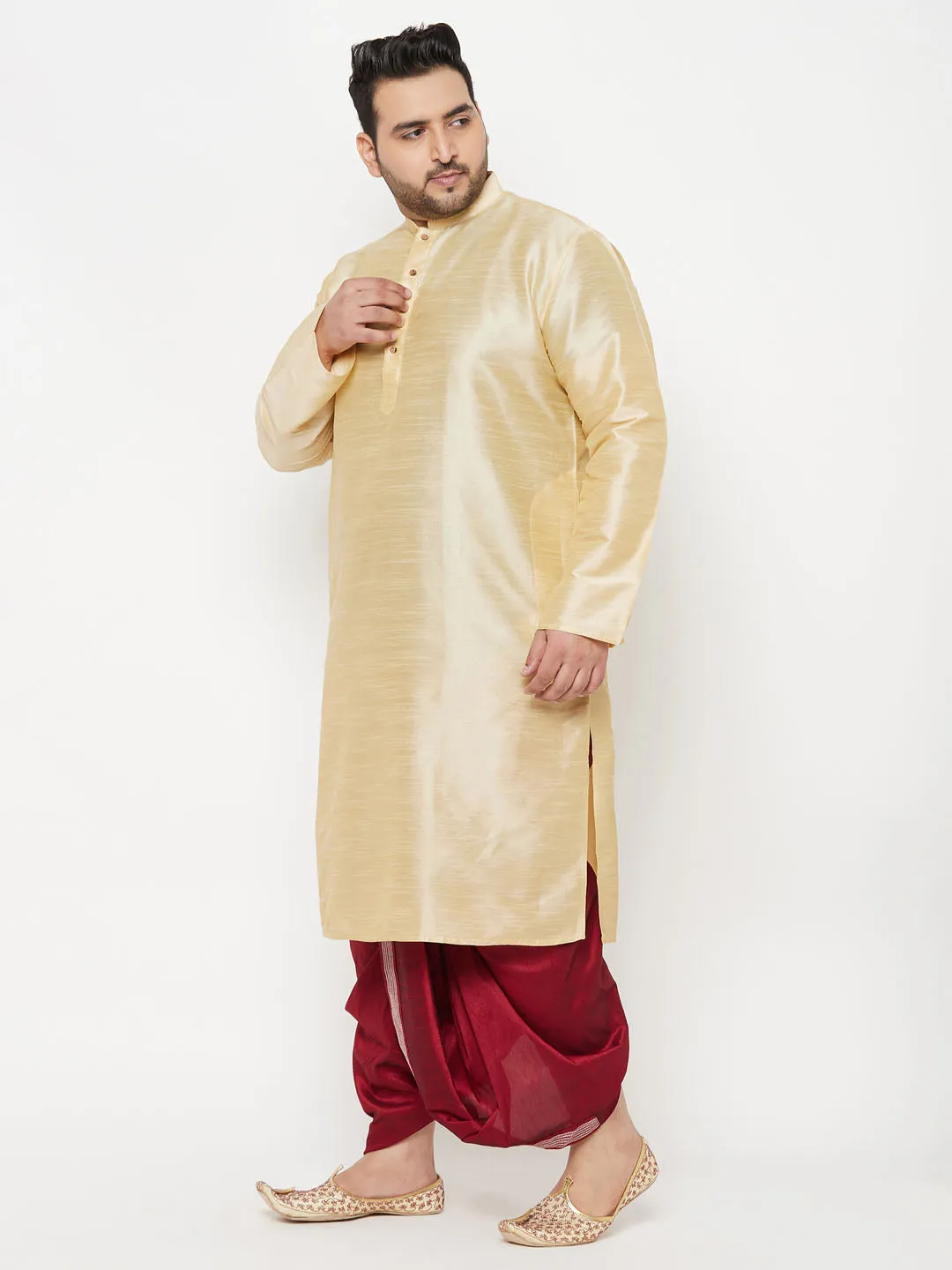 Jashvi Men's Plus Size Gold Silk Blend Kurta And Maroon Dhoti Set