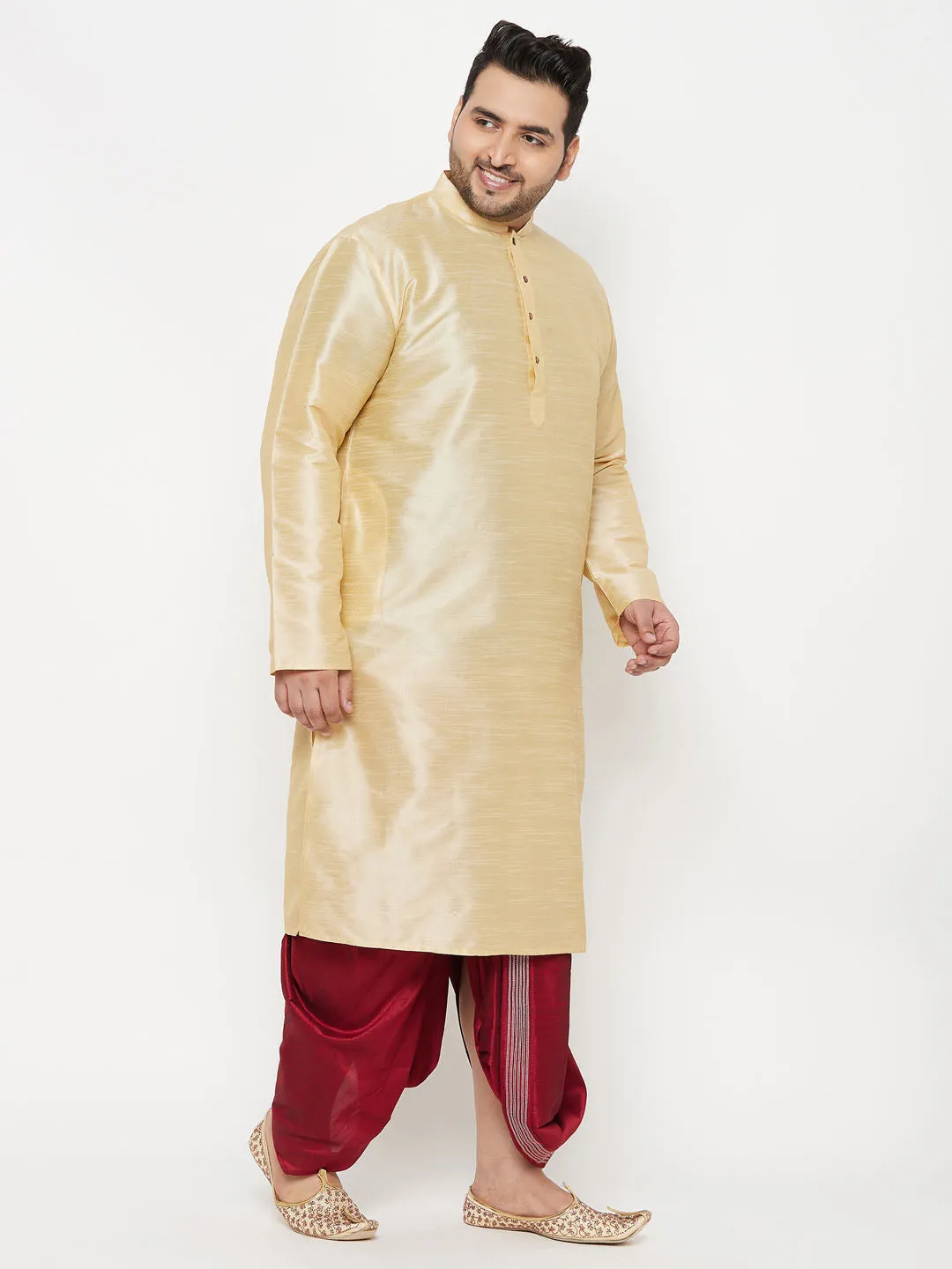 Jashvi Men's Plus Size Gold Silk Blend Kurta And Maroon Dhoti Set