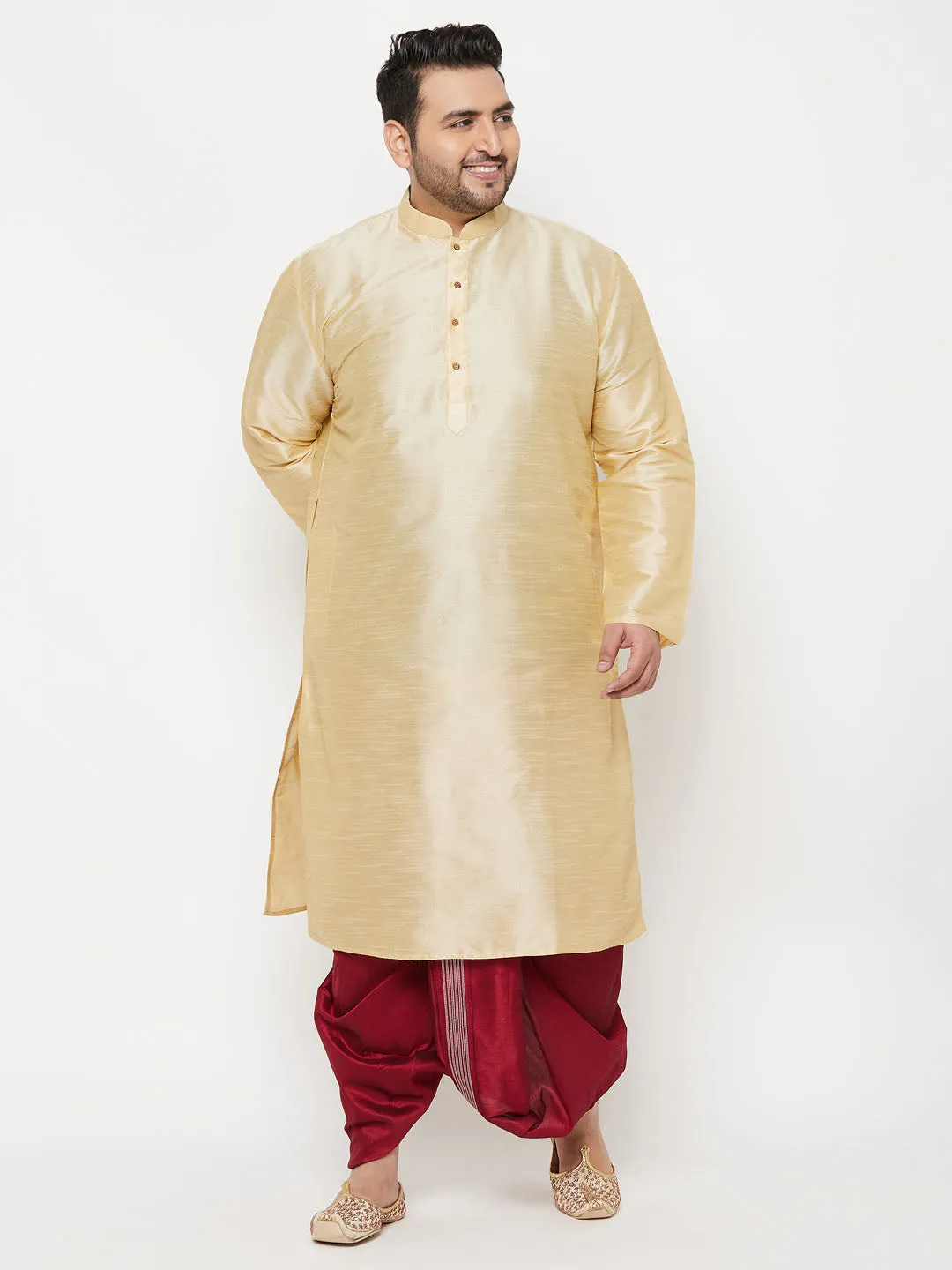 Jashvi Men's Plus Size Gold Silk Blend Kurta And Maroon Dhoti Set