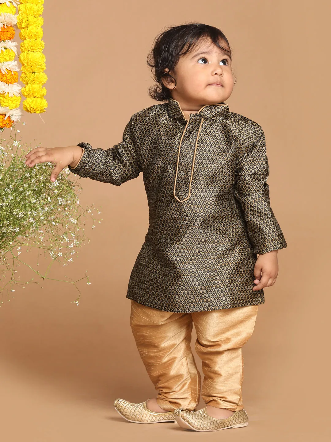 Jashvi SISHU Boy's Black Woven Kurta And Rose Gold Pyjama Set