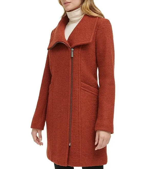 Kenneth Cole Asymmetric Zip Front Boucle Wool Coat - Paprika