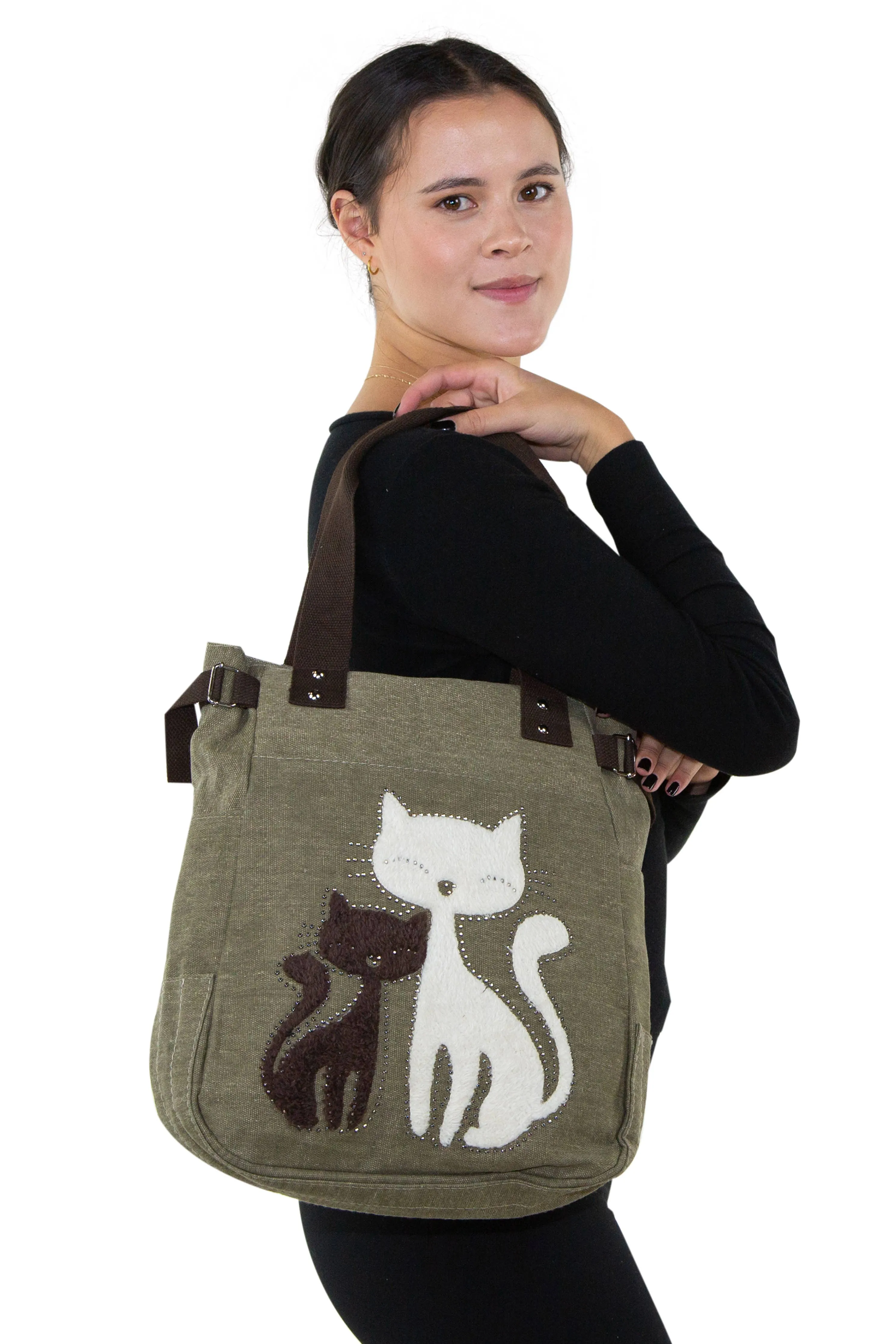 Lovely Cats With Faux Fur And Studs Tote Bag Green