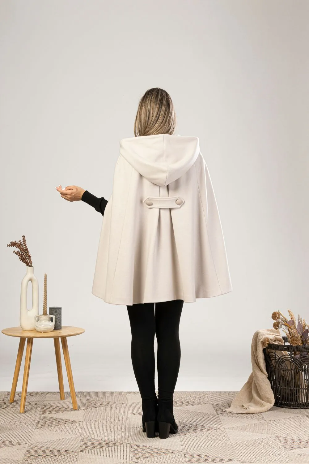 Off White Hooded Wool Cape Coat