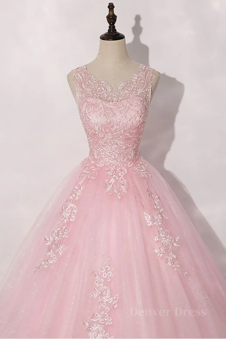 Pink round neck tulle lace long prom dress pink tulle formal dress