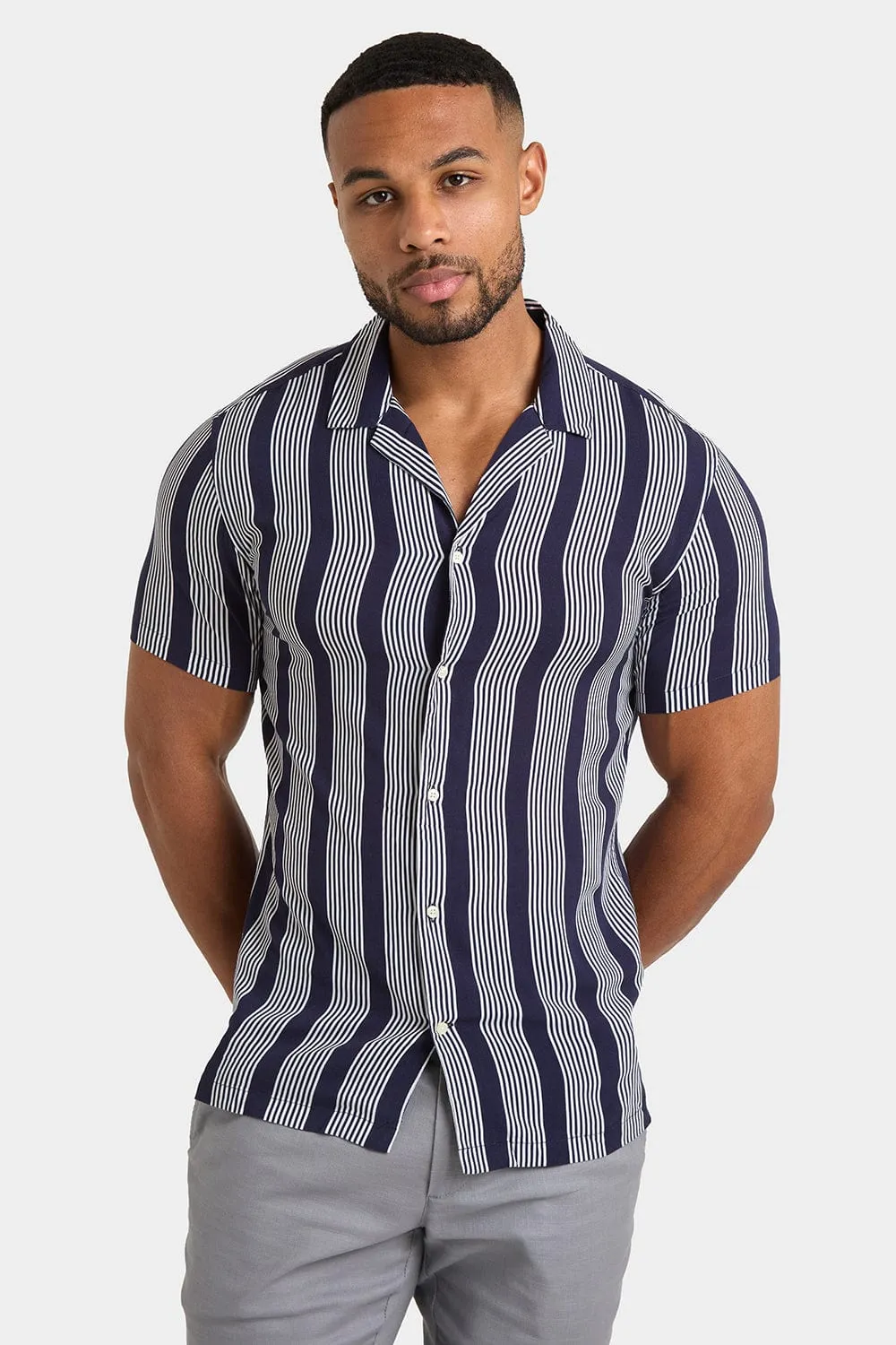 Printed Shirt in Bold Navy Stripe