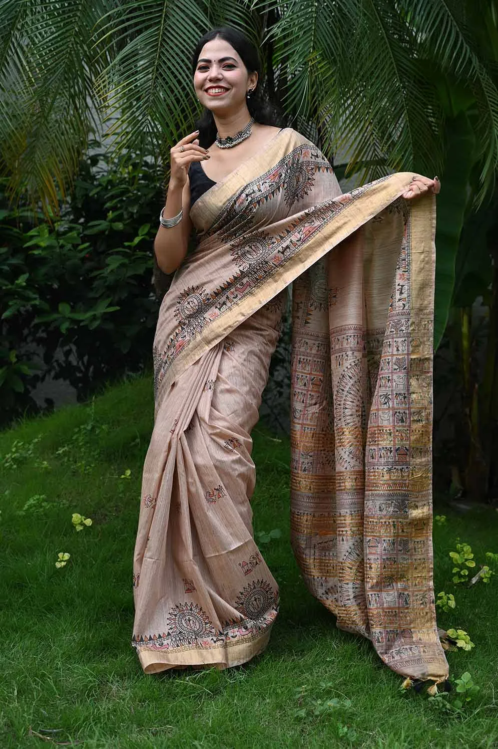 Ready To Wear Beautiful Beige Madhubani Artwork With Tassels On Pallu   Wrap in 1 minute saree