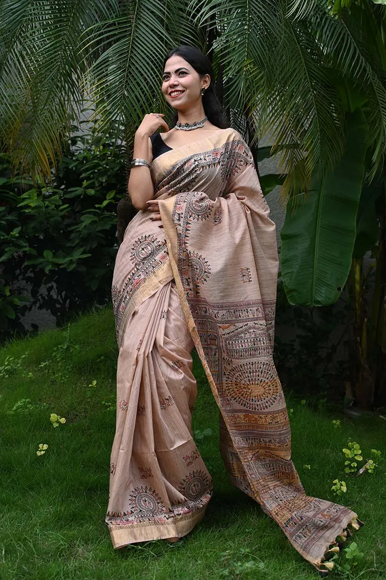 Ready To Wear Beautiful Beige Madhubani Artwork With Tassels On Pallu   Wrap in 1 minute saree