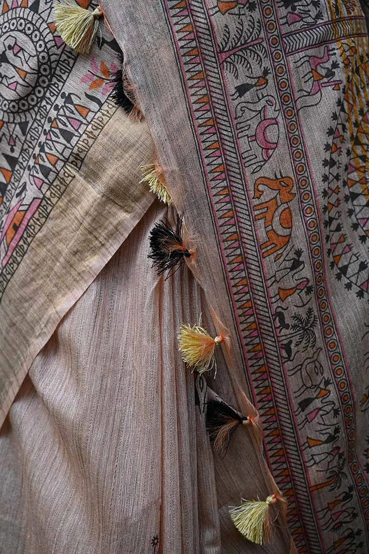 Ready To Wear Beautiful Beige Madhubani Artwork With Tassels On Pallu   Wrap in 1 minute saree