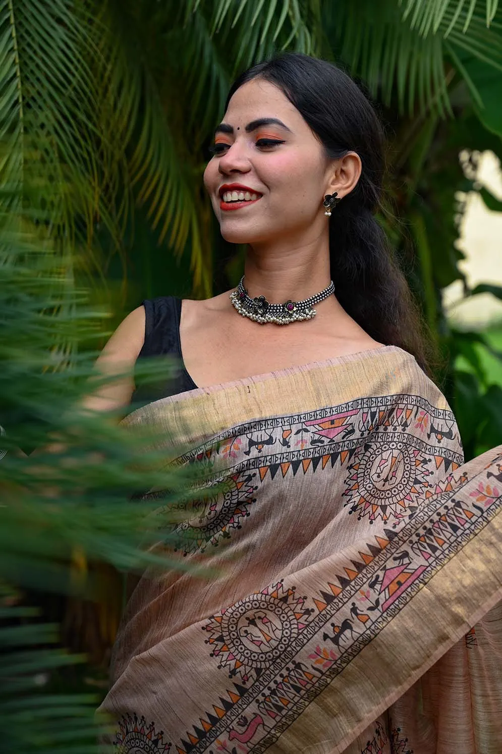 Ready To Wear Beautiful Beige Madhubani Artwork With Tassels On Pallu   Wrap in 1 minute saree