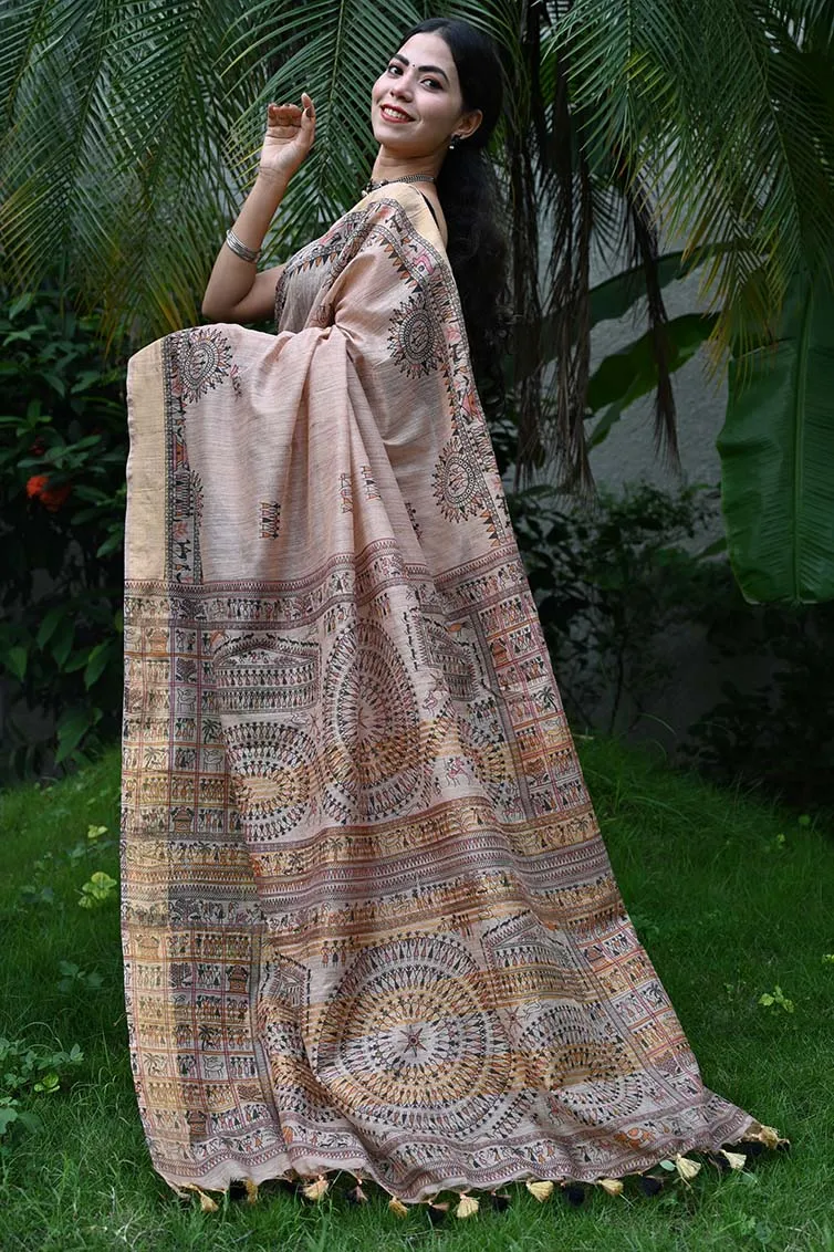 Ready To Wear Beautiful Beige Madhubani Artwork With Tassels On Pallu   Wrap in 1 minute saree