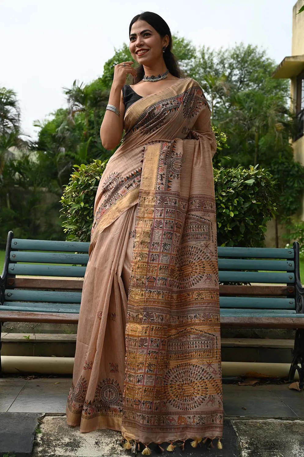 Ready To Wear Beautiful Beige Madhubani Artwork With Tassels On Pallu   Wrap in 1 minute saree