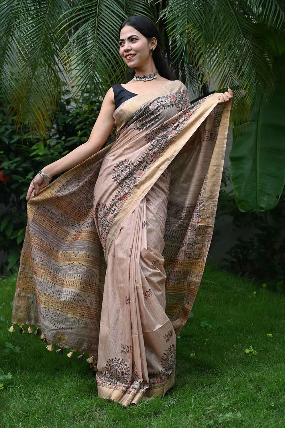 Ready To Wear Beautiful Beige Madhubani Artwork With Tassels On Pallu   Wrap in 1 minute saree