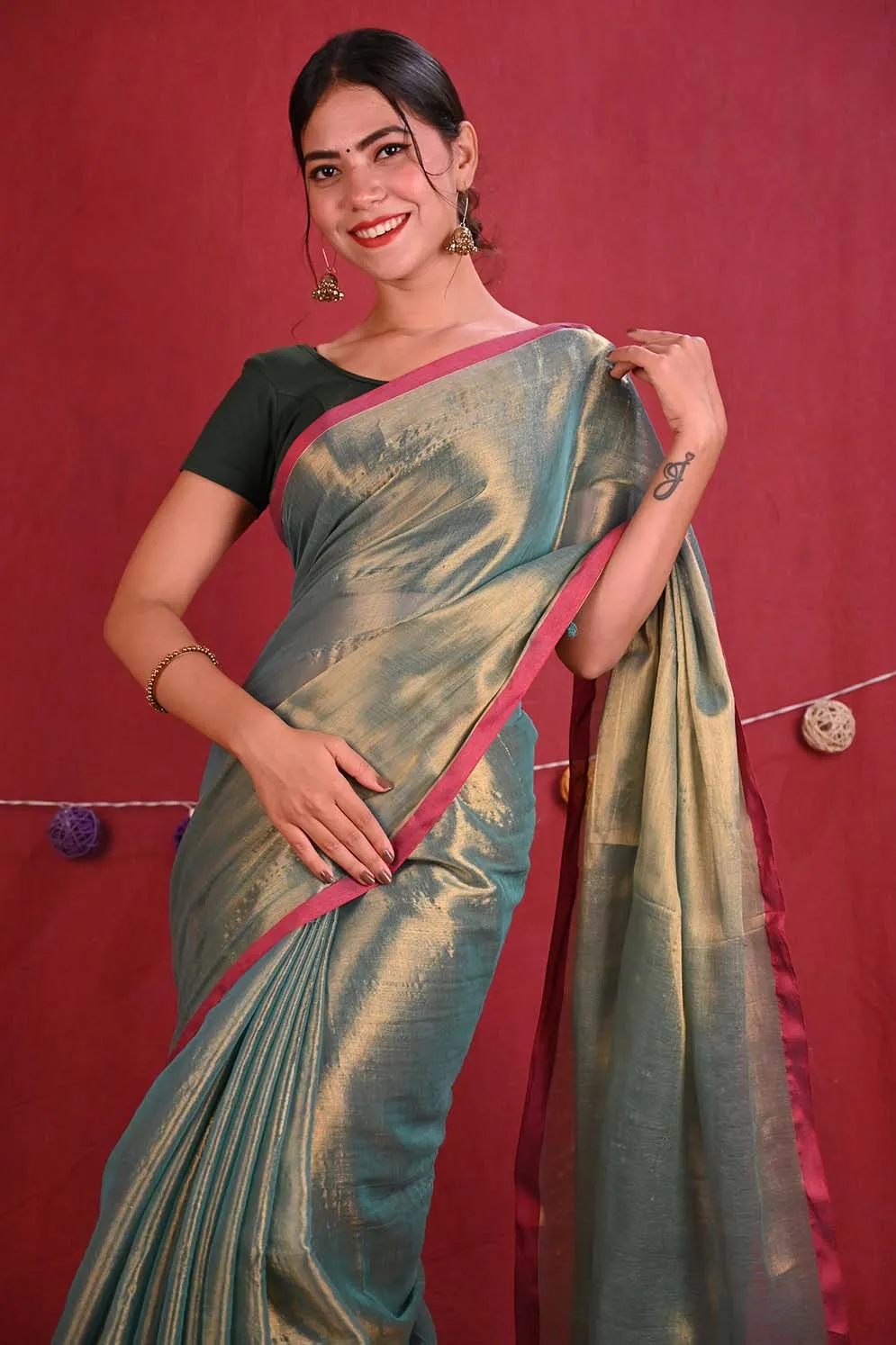 Ready To Wear Premium Organza Tissue Dhoop chaanv With Tassel On Pallu  Wrap in 1 minute saree