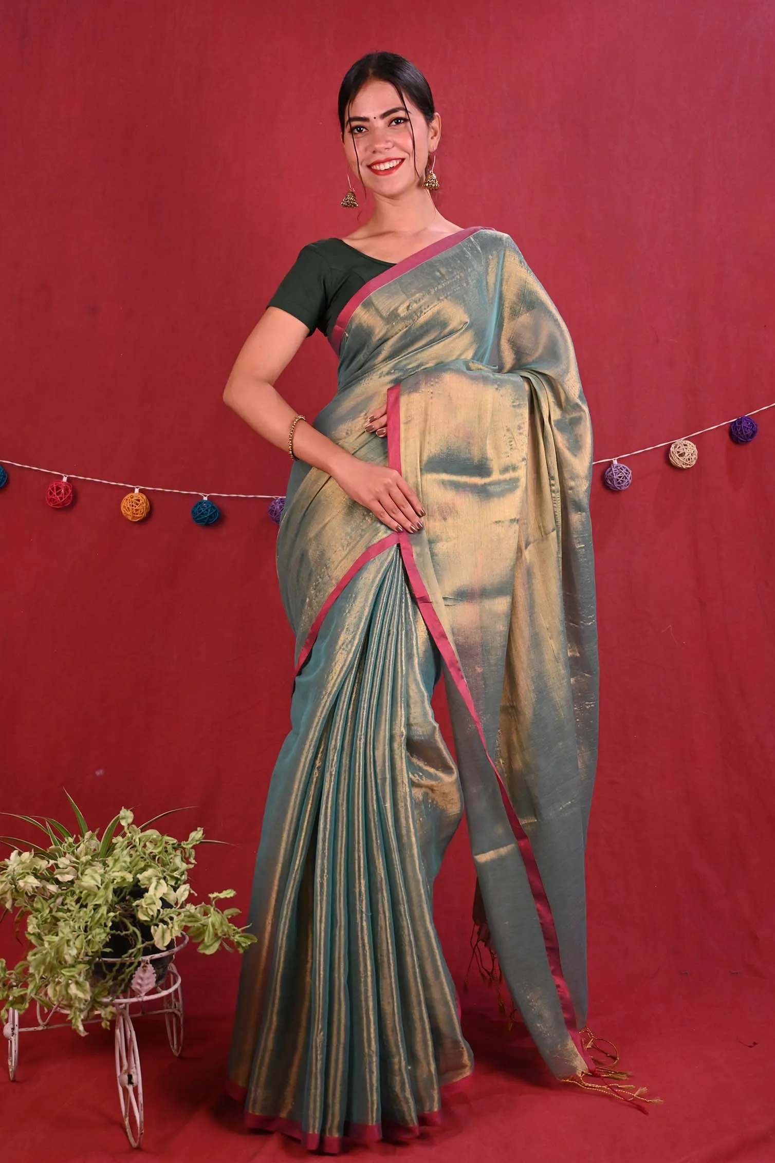 Ready To Wear Premium Organza Tissue Dhoop chaanv With Tassel On Pallu  Wrap in 1 minute saree