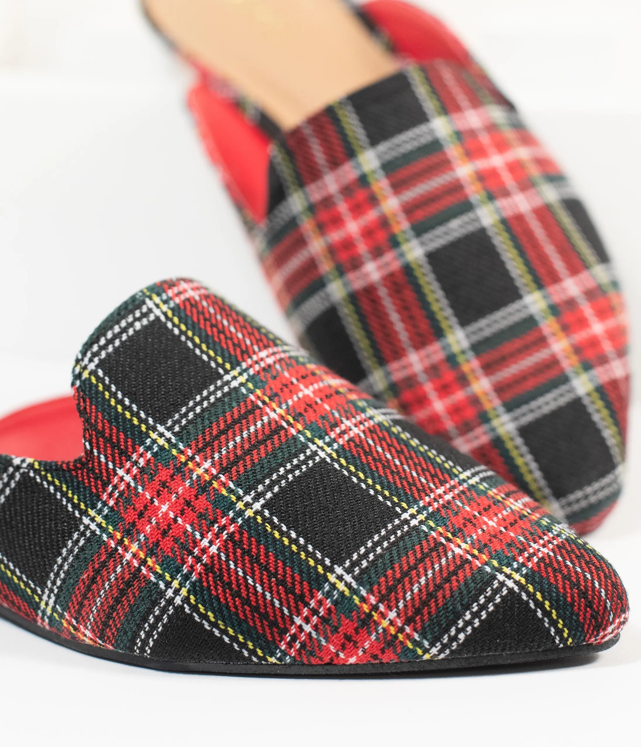 Red & Black Plaid Fabric Mules