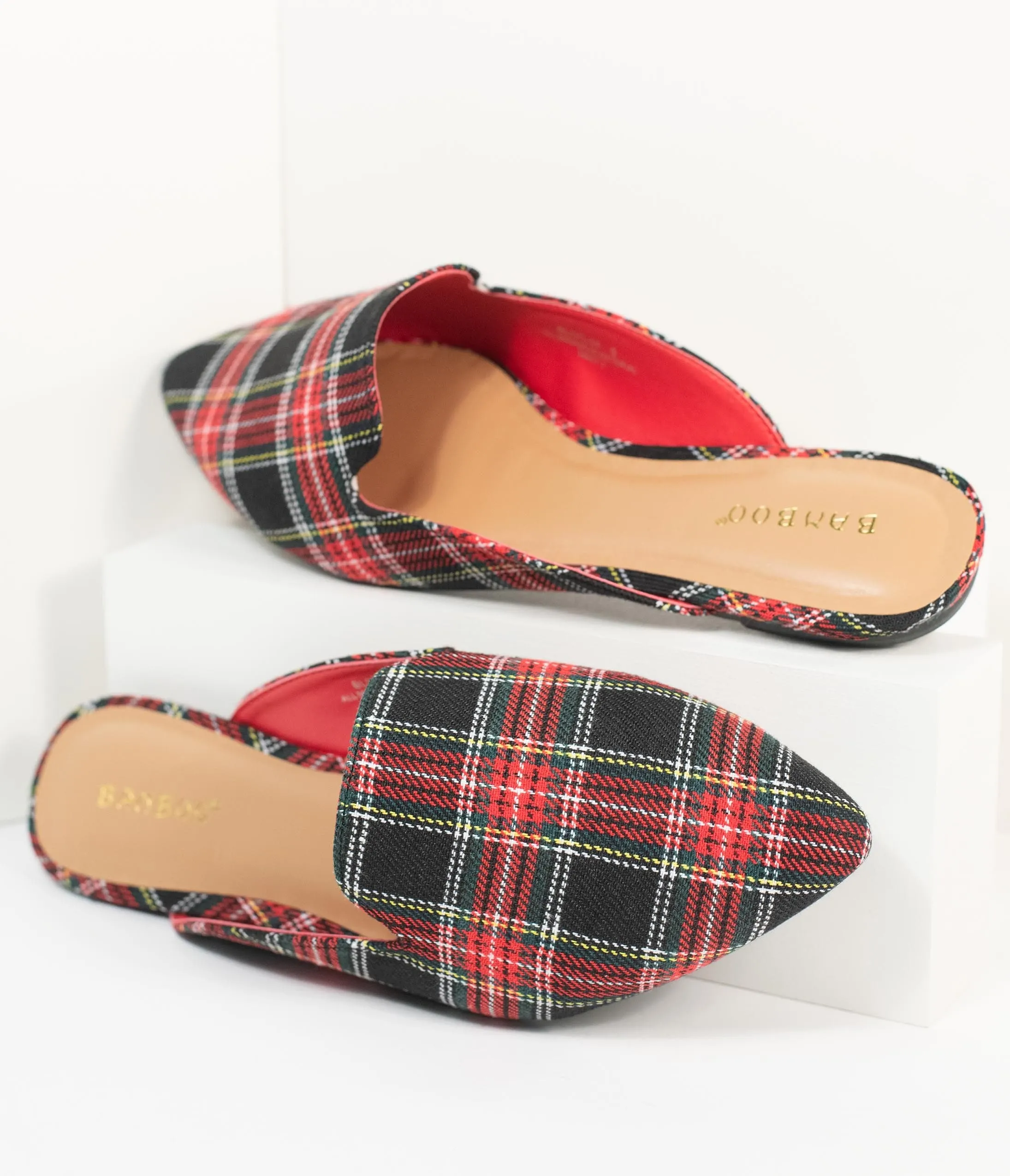 Red & Black Plaid Fabric Mules