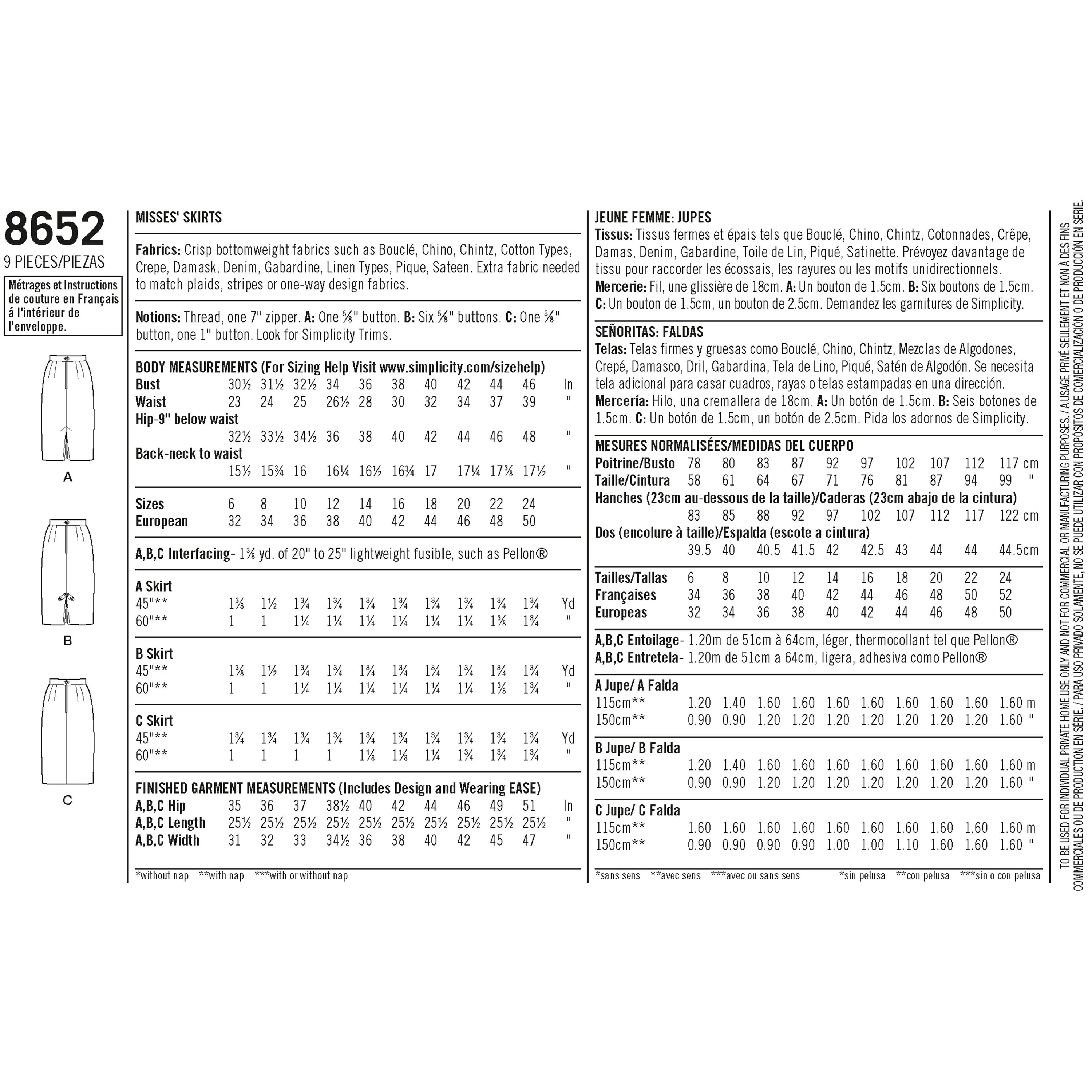 Simplicity Sewing Pattern 8652 Misses' Skirts