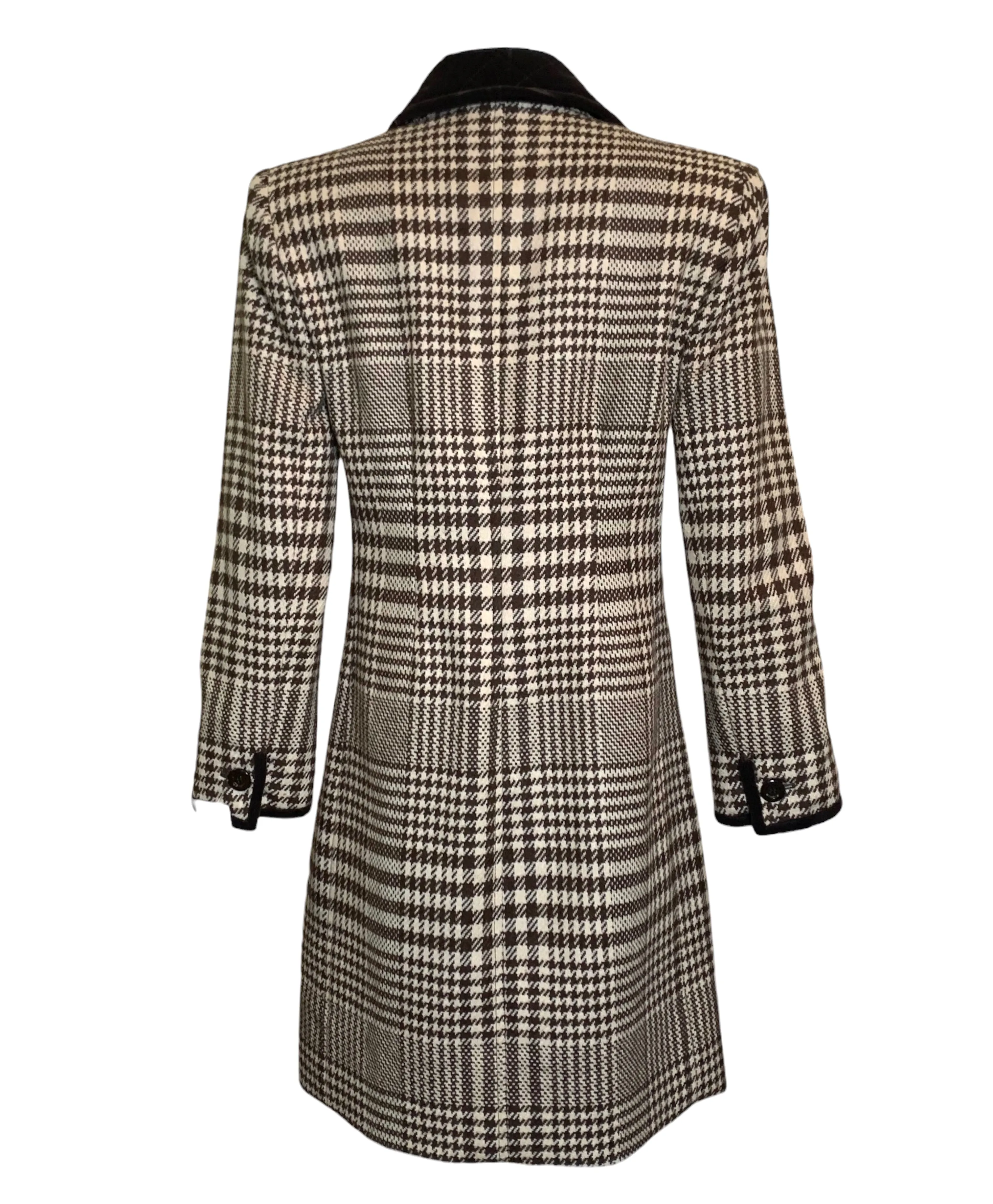 Valentino Late 70s Brown and Ivory Houndstooth Wool Coat with Velvet Trim